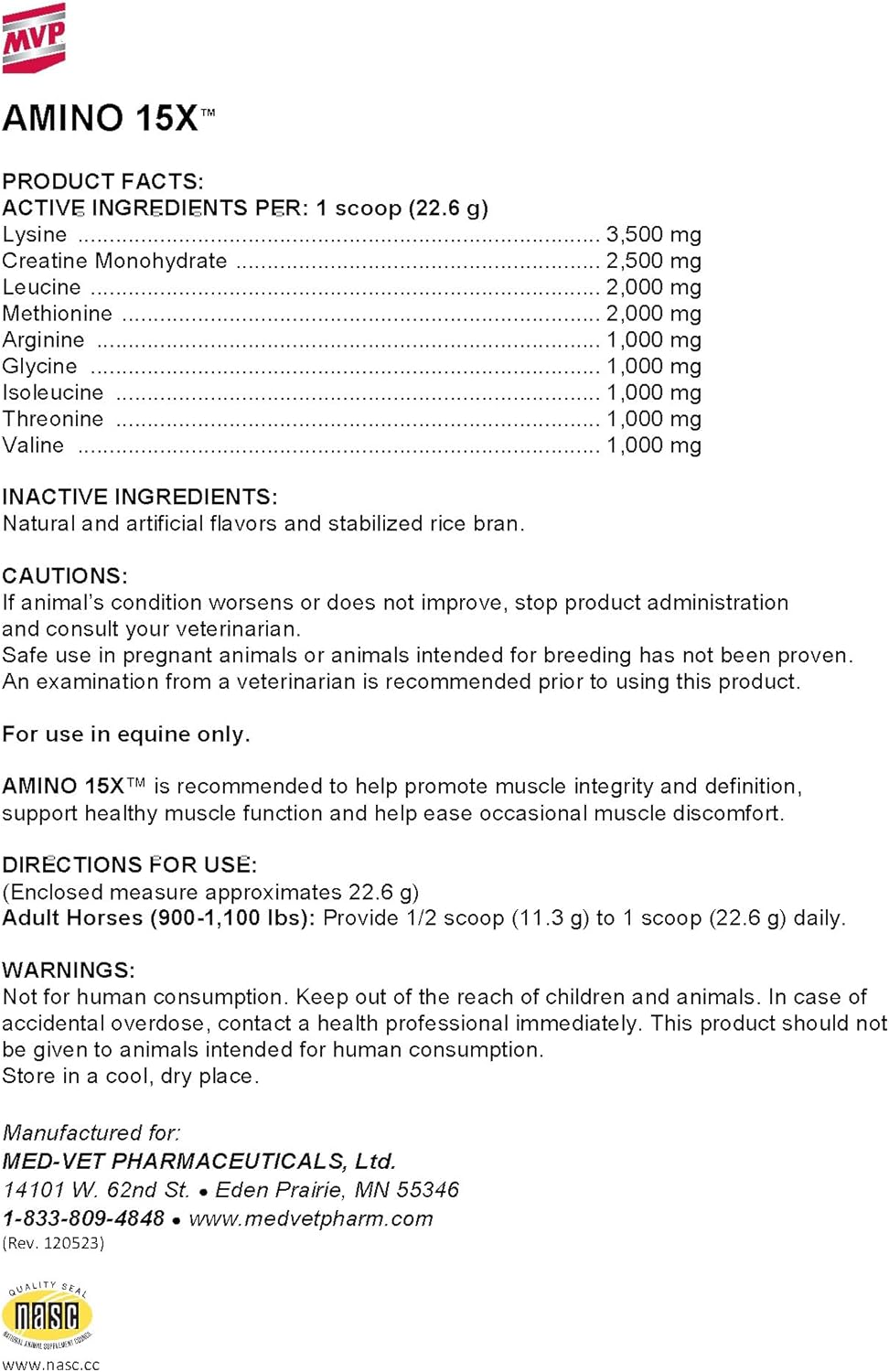 6 lb MVP Amino 15X for Horses - Promotes Muscle Health, Growth, and Recovery