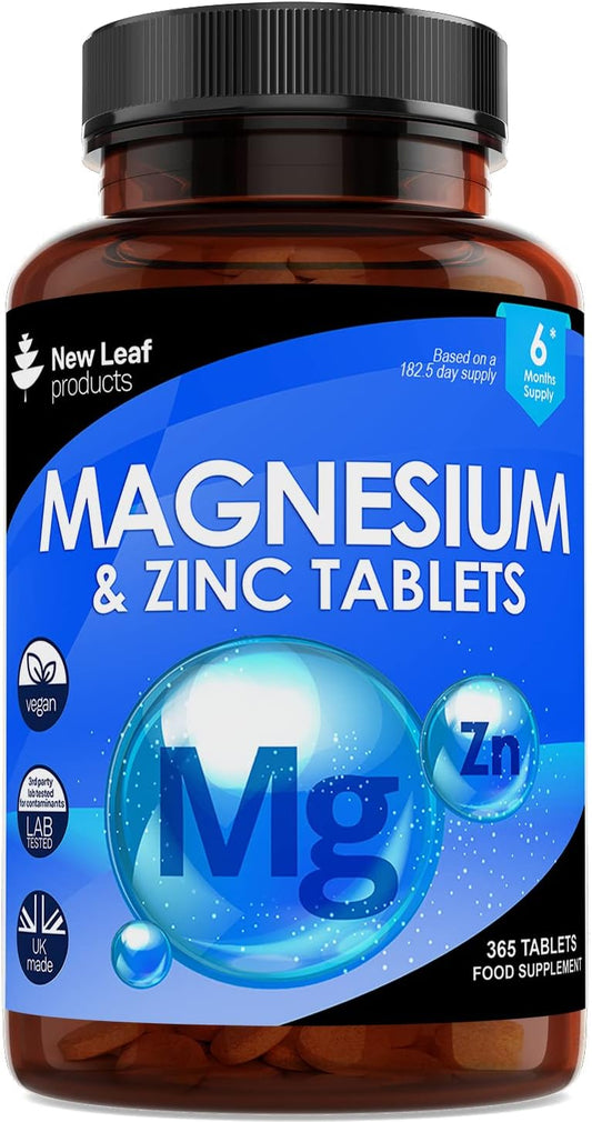 6-Month Supply of High Absorbency Magnesium and Zinc Supplement for Muscle, Bones, and Immune Health - 365 Vegan, Non-GMO, Gluten-Free Tablets