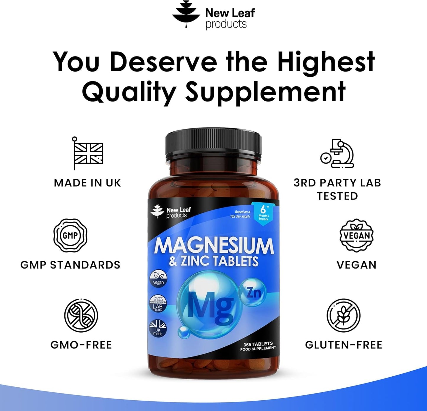 6-Month Supply of High Absorbency Magnesium and Zinc Supplement for Muscle, Bones, and Immune Health - 365 Vegan, Non-GMO, Gluten-Free Tablets
