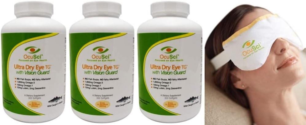 6 Month Supply of OcuSci Mini-softgels with Omega-3, Lutein, Zeaxanthin, B12 & D3 for Dry Eyes - 900 Half-Sized Softgels & Compress