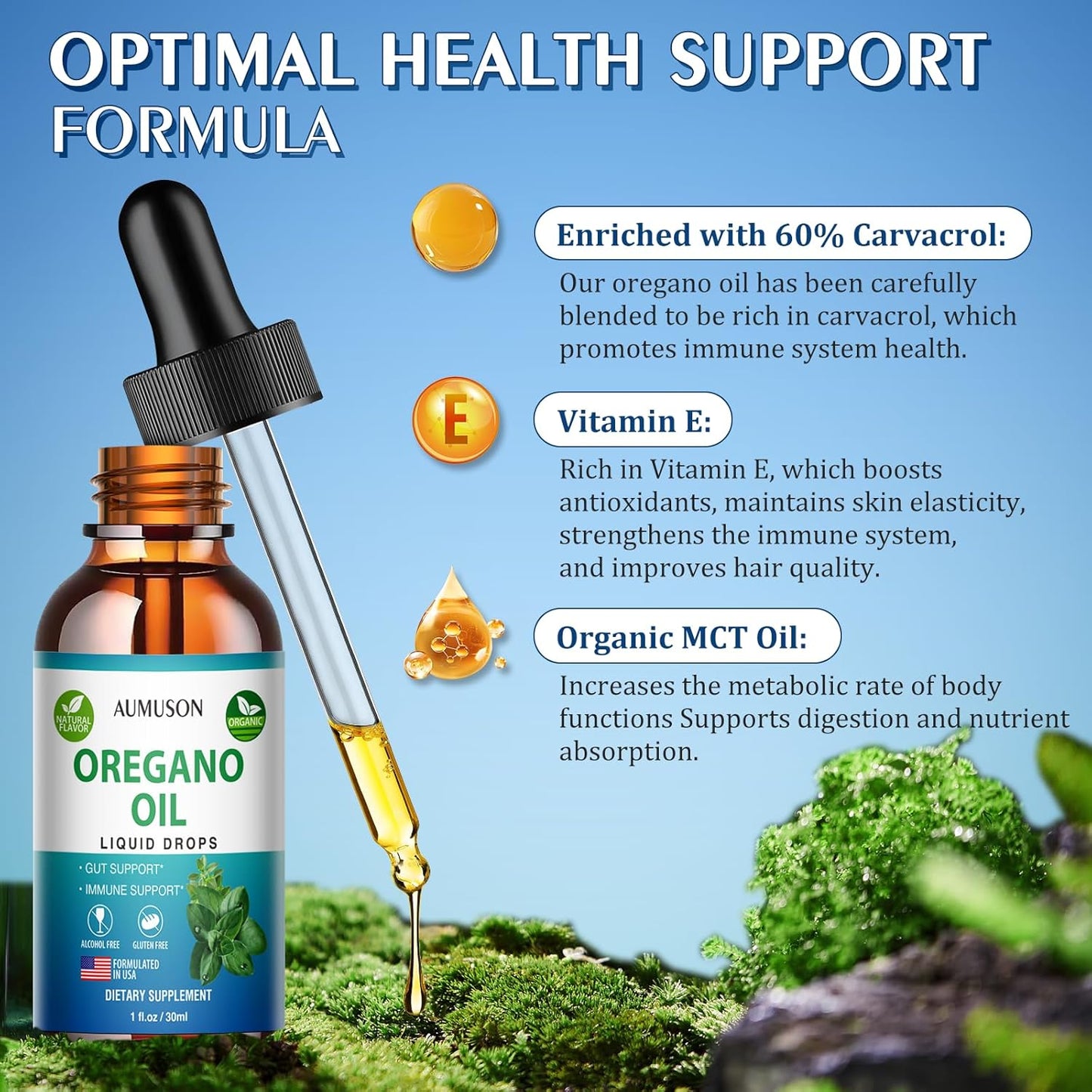 6 Month Supply Oregano Oil Liquid Drops with Carvacrol for Immune Support & Digestive Health