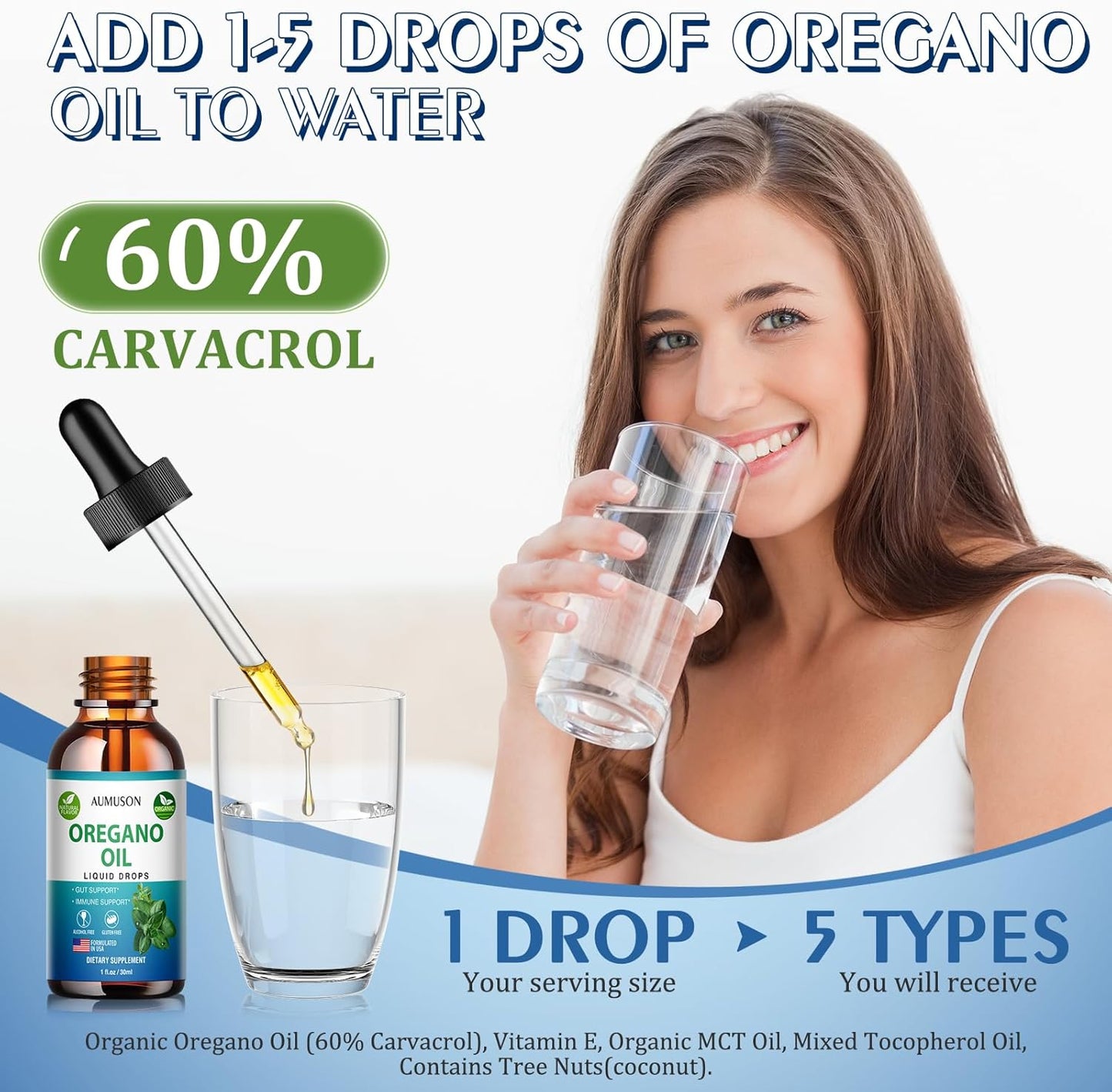 6 Month Supply Oregano Oil Liquid Drops with Carvacrol for Immune Support & Digestive Health