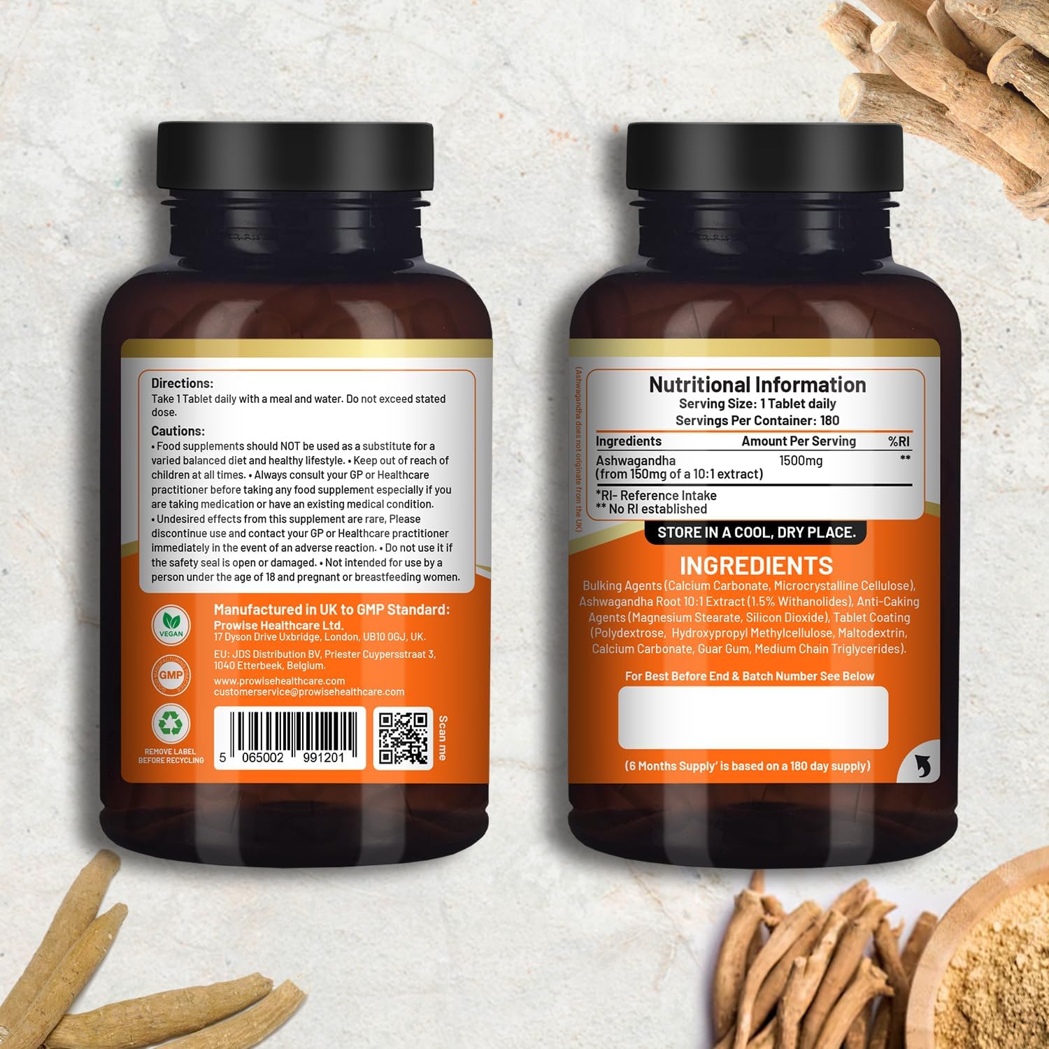 6 Month Supply PH PROWISE Healthcare Ashwagandha 1500mg Vegan Tablets | High Strength Root Extract | UK-Made