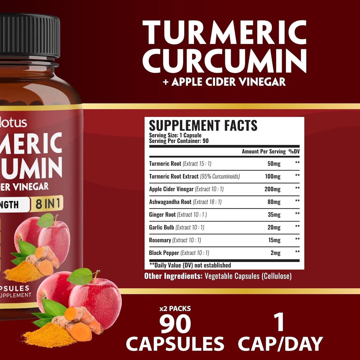 6 Month Supply Turmeric Curcumin + Apple Cider Vinegar Capsules with Ashwagandha & Ginger - 90 Capsules, Joint Support