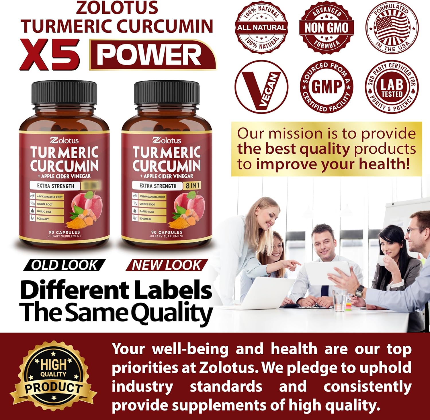 6 Month Supply Turmeric Curcumin + Apple Cider Vinegar Capsules with Ashwagandha & Ginger - 90 Capsules, Joint Support