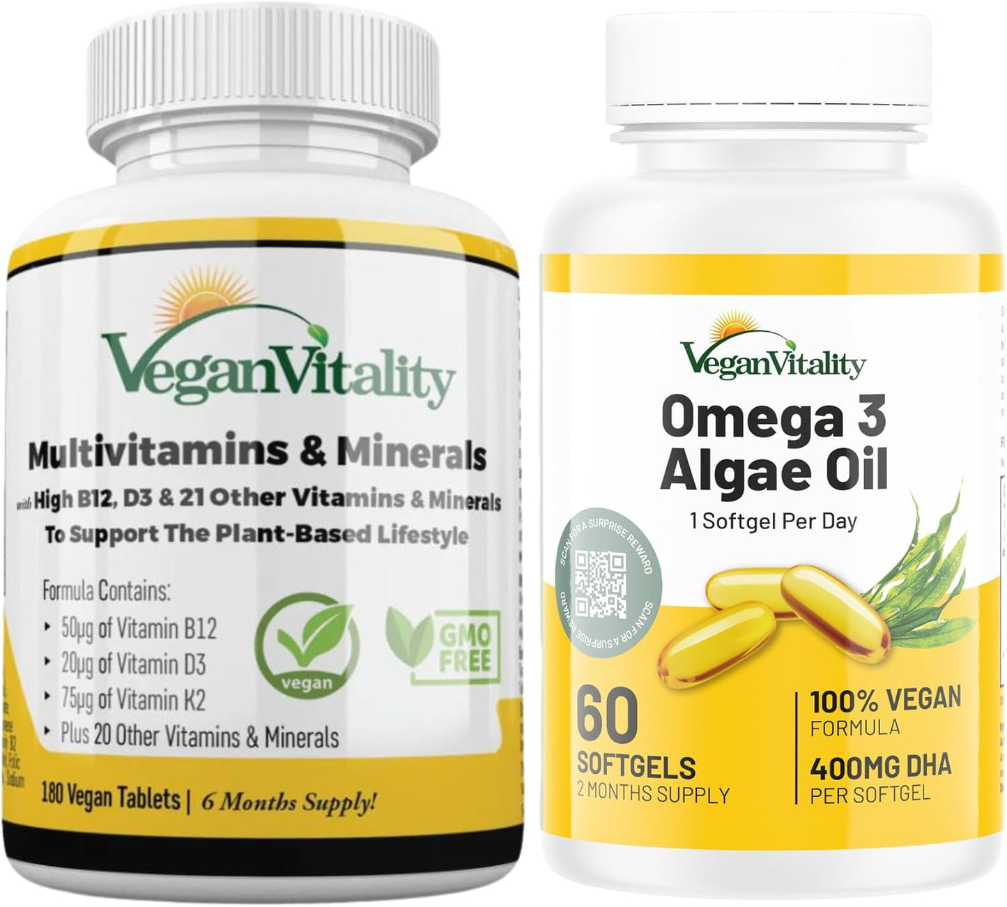 6-Month Vegan Immunity Boost Bundle: Plant-Based Multivitamins & Omega 3 Algae Oil for Energy & Health - Vegan & Vegetarian Friendly