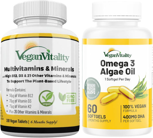6-Month Vegan Immunity Boost Bundle: Plant-Based Multivitamins & Omega 3 Algae Oil for Energy & Health - Vegan & Vegetarian Friendly