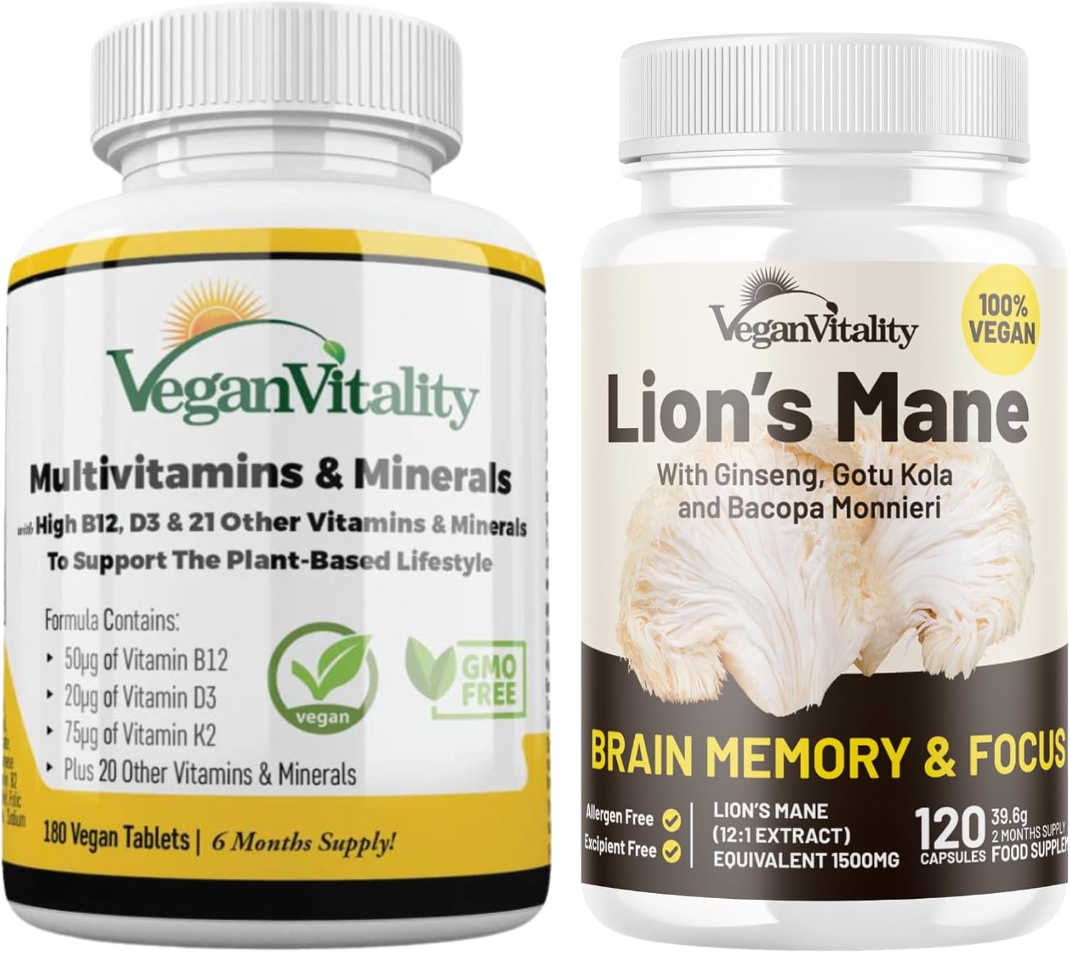 6-Month Vegan Lion's Mane & Multivitamin Combo Bundle for Optimal General Health