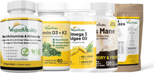 6 Month Vegan Wellness Bundle: Multivitamins, Lion's Mane, Vitamin D3 K2, Omega 3 Algae Oil, Collagen Booster for Complete Vitality