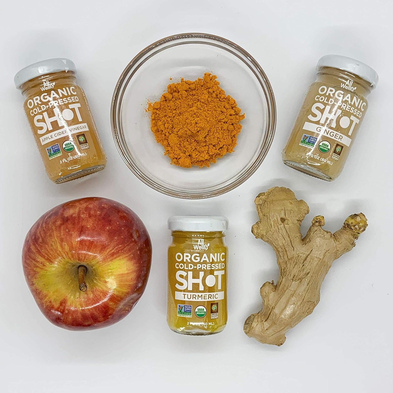 6 Pack AllWellO Cold-Pressed Ginger Shot, 60 mL USDA Organic Booster - Natural Ingredients