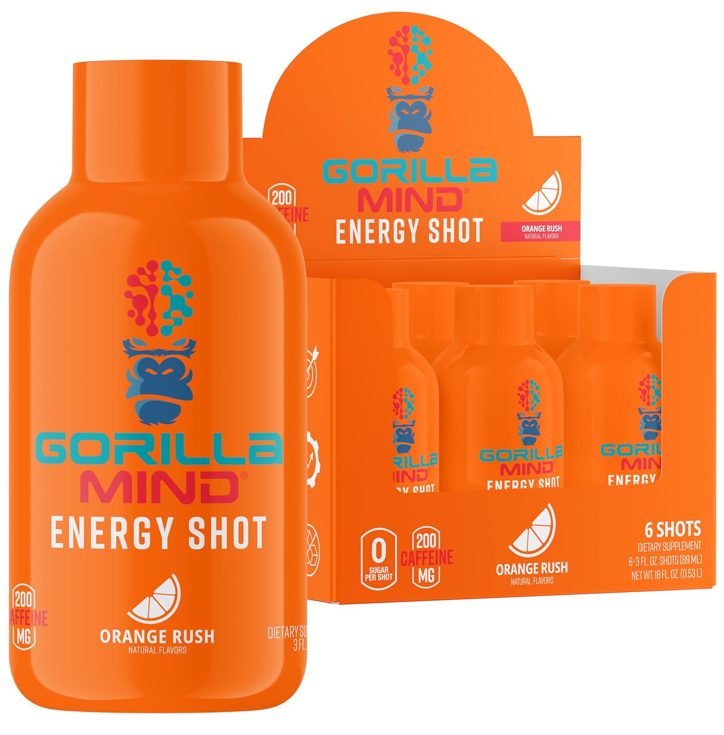6-Pack Gorilla Mind Gorilla Mode Energy Shots - Sugar-Free Energy Shots with Vitamins & Natural Extracts for Focus & Energy - Fast-Acting Potent Formula (Orange Rush)