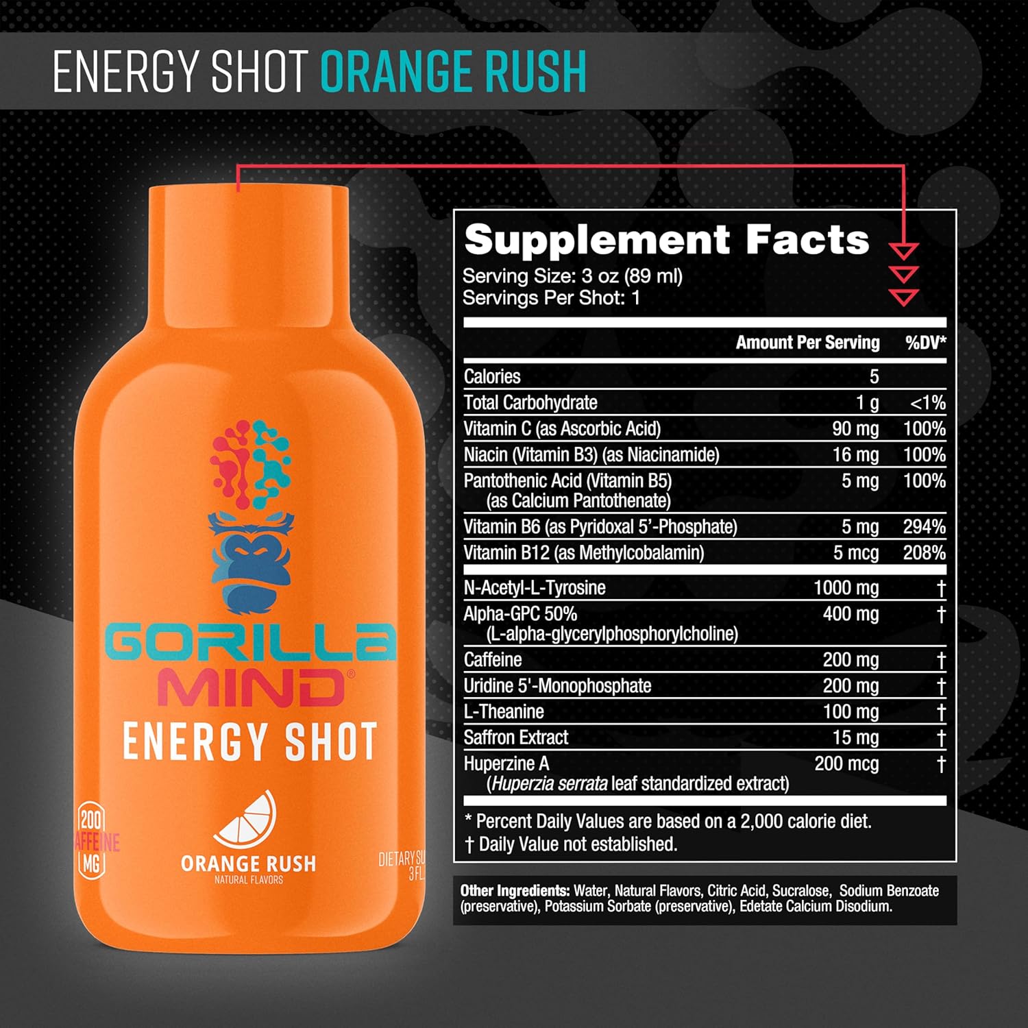 6-Pack Gorilla Mind Gorilla Mode Energy Shots - Sugar-Free Energy Shots with Vitamins & Natural Extracts for Focus & Energy - Fast-Acting Potent Formula (Orange Rush)