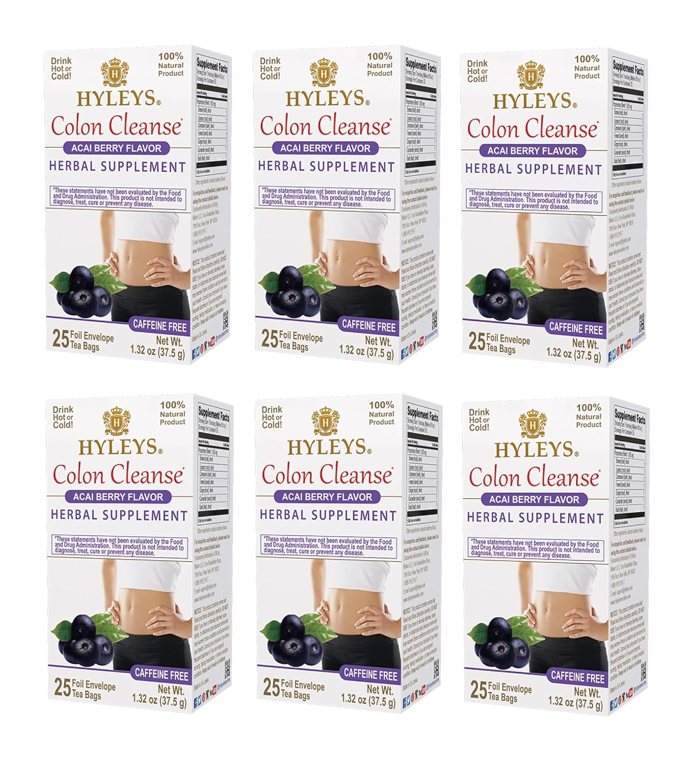 6-Pack Hyleys Colon Cleanse Tea with Acai Berry Flavor - 150 Tea Bags