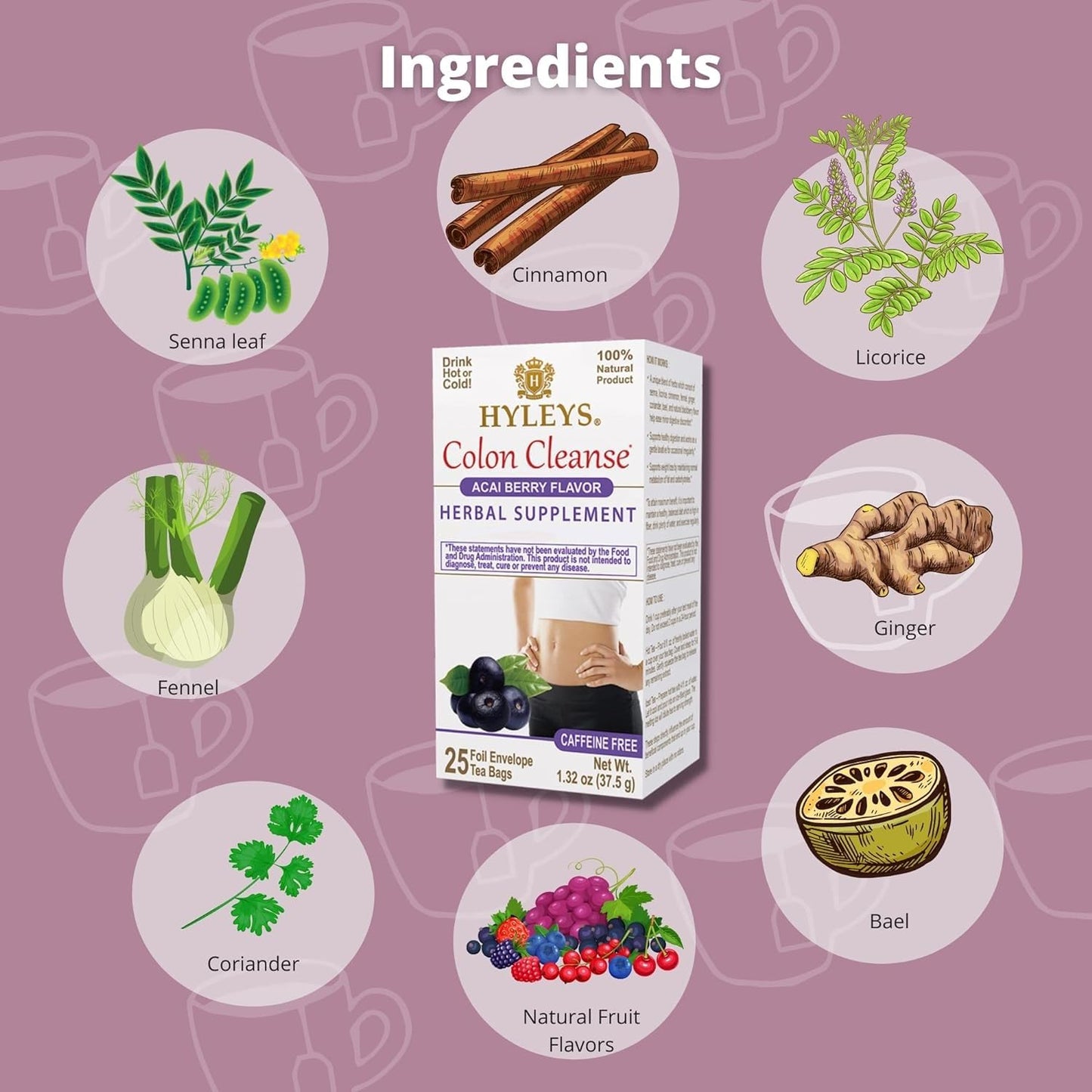 6-Pack Hyleys Colon Cleanse Tea with Acai Berry Flavor - 150 Tea Bags