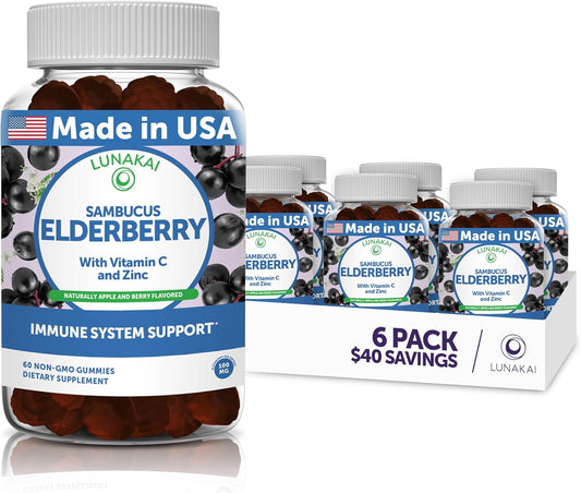 6 Pack Lunakai Sambucus Elderberry Gummies with Zinc & Vitamin C - Immune Support Supplement for Adults & Kids - Vegan & Non-GMO - BoostGo Australia