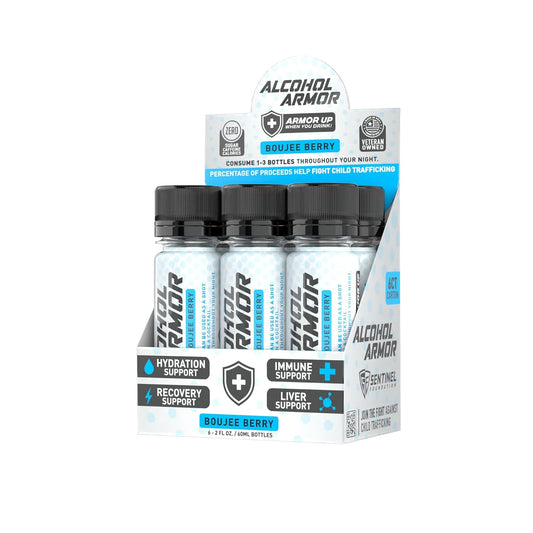 6 Pack of Alcohol Armor Boujee Berry Elixir with Hydration Support, Essential Vitamins, Electrolytes, Vitamin B12, and Milk Thistle