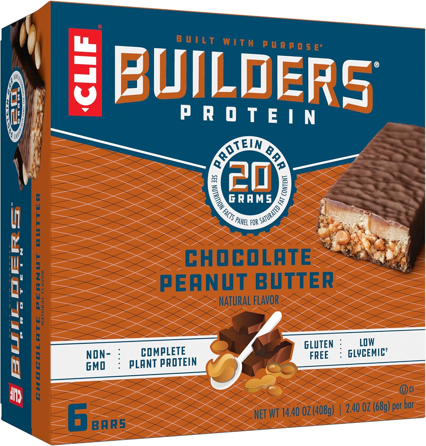 6 Pack of CLIF Builders Chocolate Peanut Butter Plant Based Protein Bars - Gluten Free, Non-GMO, Low Glycemic - 20g Protein - 2.4 oz Bars