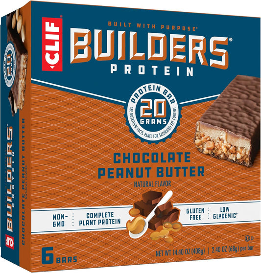 6 Pack of CLIF Builders Chocolate Peanut Butter Plant Based Protein Bars - Gluten Free, Non-GMO, Low Glycemic - 20g Protein - 2.4 oz Bars