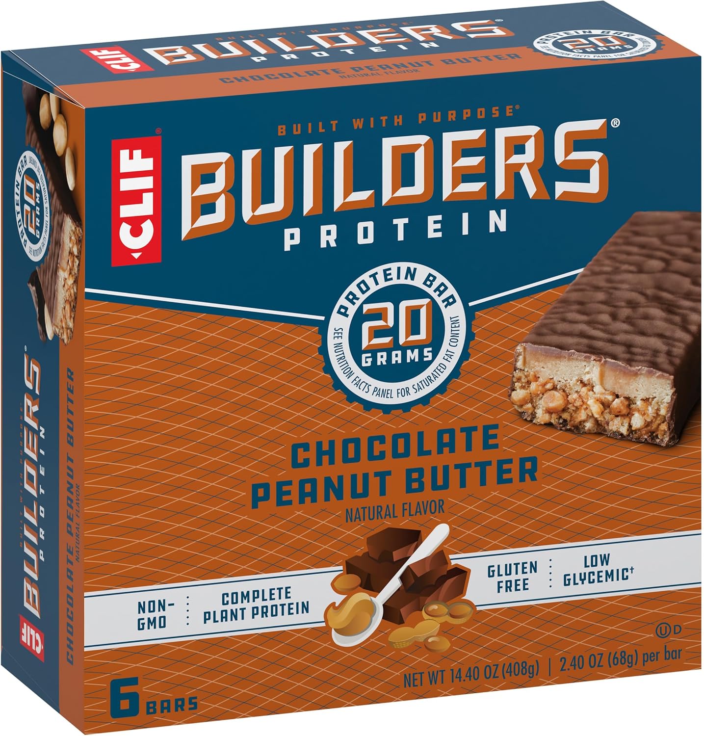 6 Pack of CLIF Builders Chocolate Peanut Butter Plant Based Protein Bars - Gluten Free, Non-GMO, Low Glycemic - 20g Protein - 2.4 oz Bars
