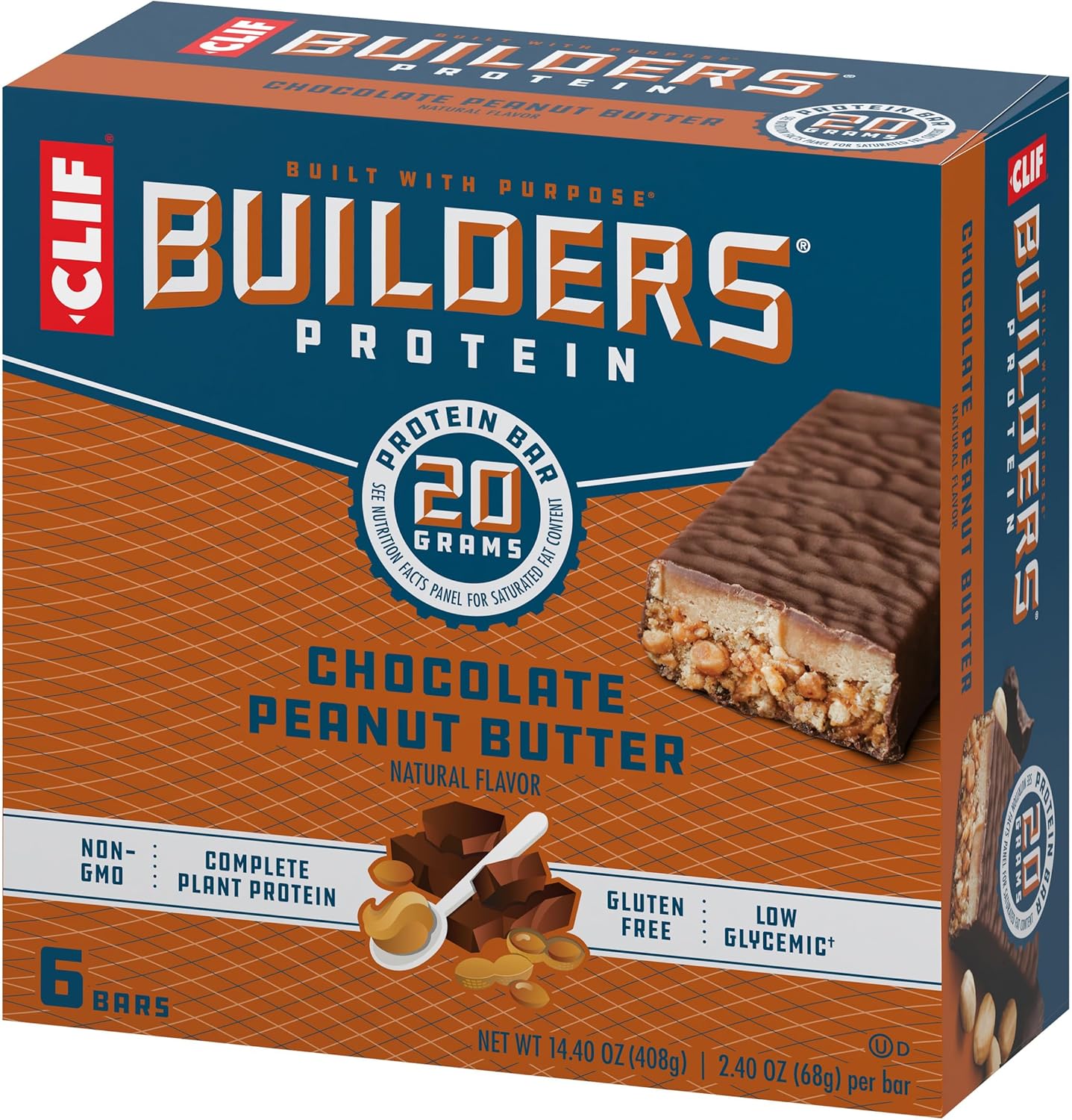 6 Pack of CLIF Builders Chocolate Peanut Butter Plant Based Protein Bars - Gluten Free, Non-GMO, Low Glycemic - 20g Protein - 2.4 oz Bars