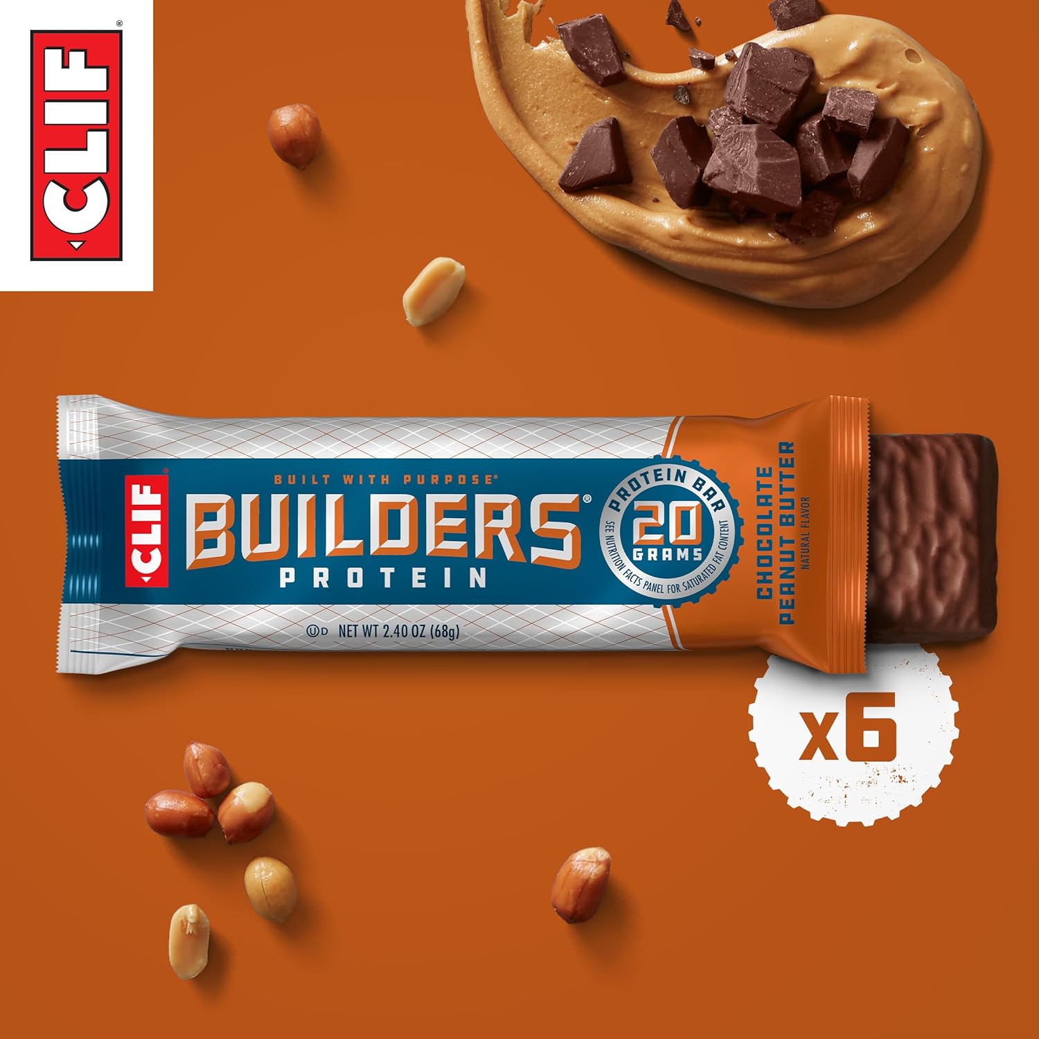 6 Pack of CLIF Builders Chocolate Peanut Butter Plant Based Protein Bars - Gluten Free, Non-GMO, Low Glycemic - 20g Protein - 2.4 oz Bars