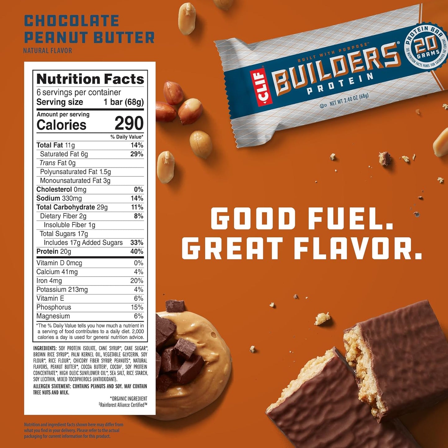 6 Pack of CLIF Builders Chocolate Peanut Butter Plant Based Protein Bars - Gluten Free, Non-GMO, Low Glycemic - 20g Protein - 2.4 oz Bars
