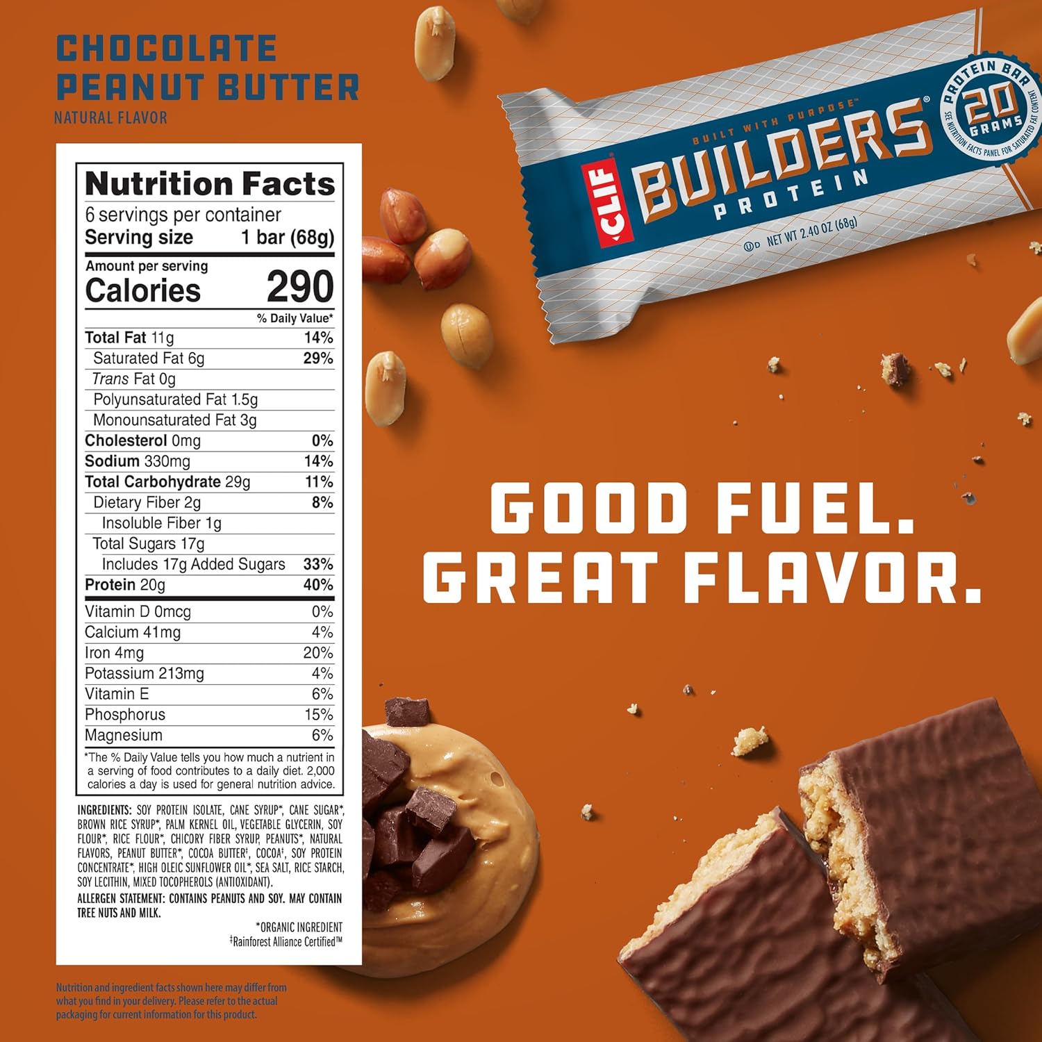 6 Pack of CLIF Builders Chocolate Peanut Butter Plant Based Protein Bars - Gluten Free, Non-GMO, Low Glycemic - 20g Protein - 2.4 oz Bars