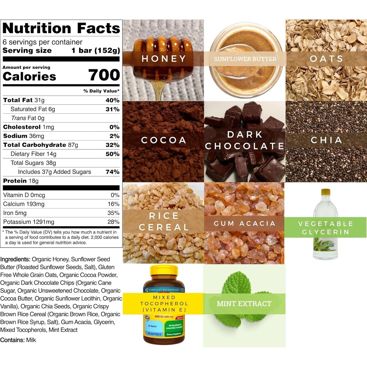 6 Pack of Mint Chocolate Chip High Calorie Gluten Free Meal Replacement Bars for Backpacking