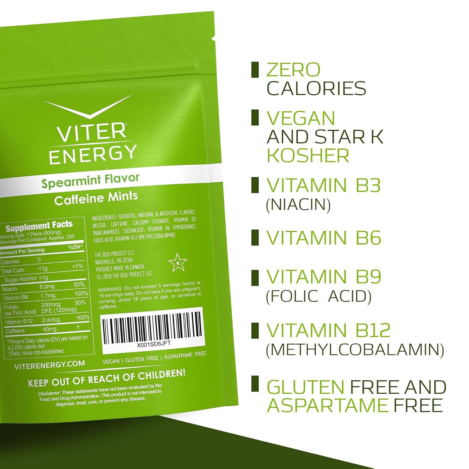 6 Pack Viter Energy Spearmint Caffeine Mints + 1/2 Pound Bulk Bag Bundle - 40mg Caffeine, B Vitamins, Sugar Free, Vegan - Energy Booster for Focus and Alertness