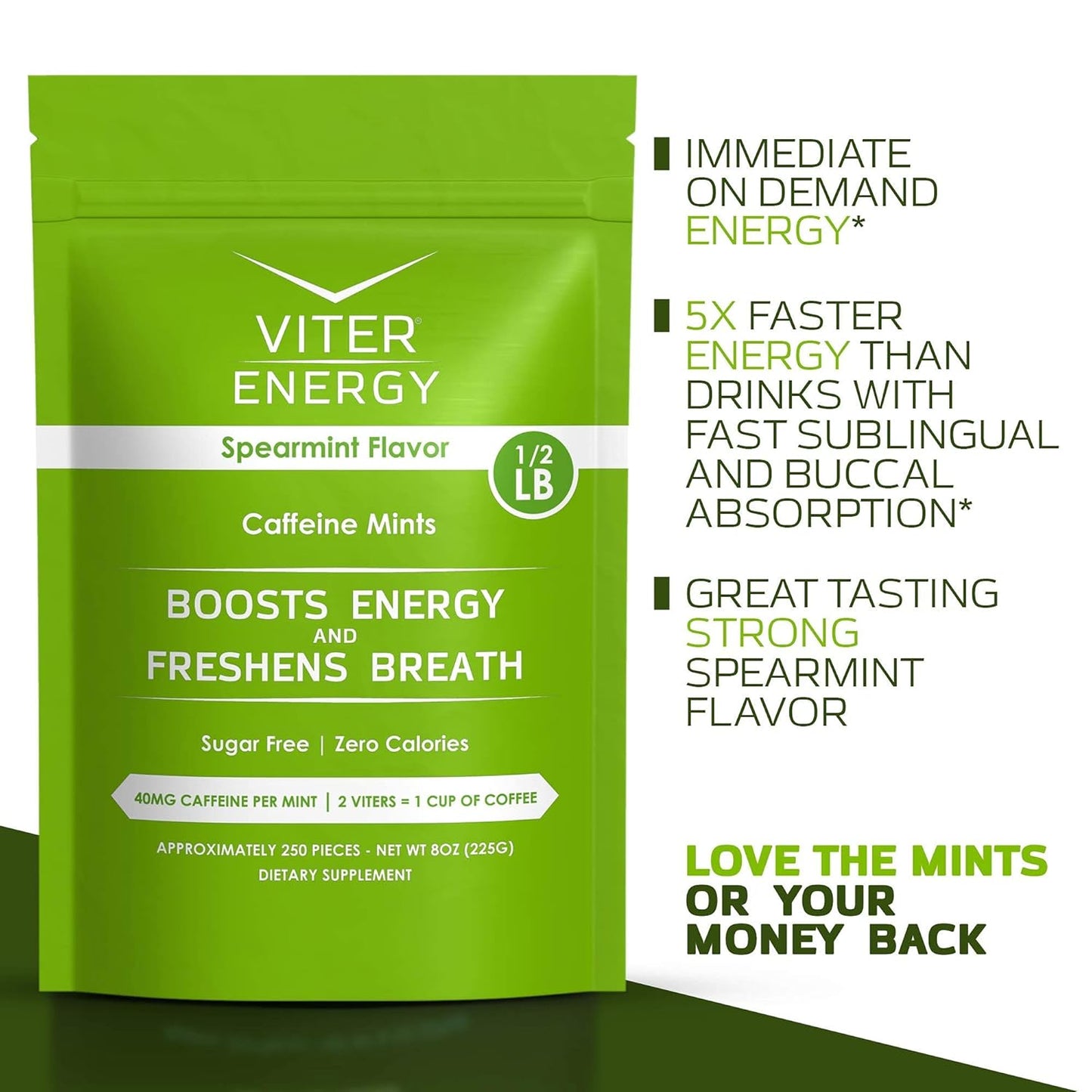 6 Pack Viter Energy Spearmint Caffeine Mints + 1/2 Pound Bulk Bag Bundle - 40mg Caffeine, B Vitamins, Sugar Free, Vegan - Energy Booster for Focus and Alertness