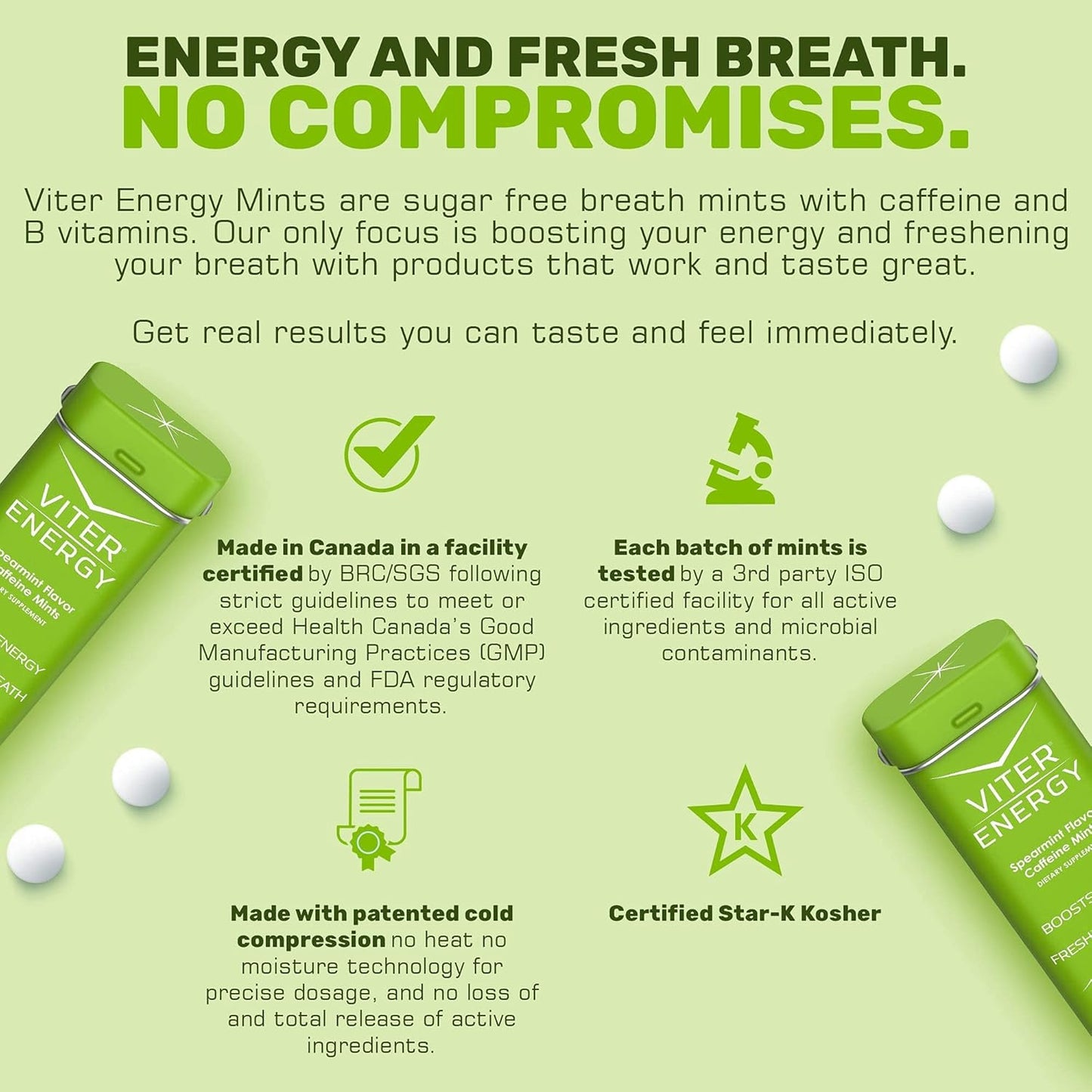 6 Pack Viter Energy Spearmint Caffeine Mints + 1/2 Pound Bulk Bag Bundle - 40mg Caffeine, B Vitamins, Sugar Free, Vegan - Energy Booster for Focus and Alertness