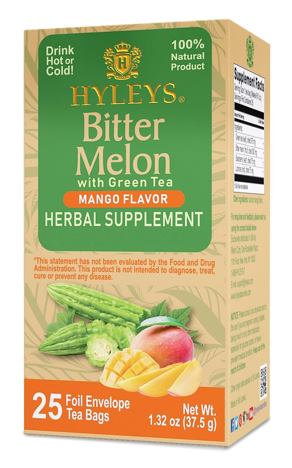 6 Packs of Hyleys Mango Bitter Melon Green Tea - 150 Tea Bags - Herbal Supplement for Liver Health