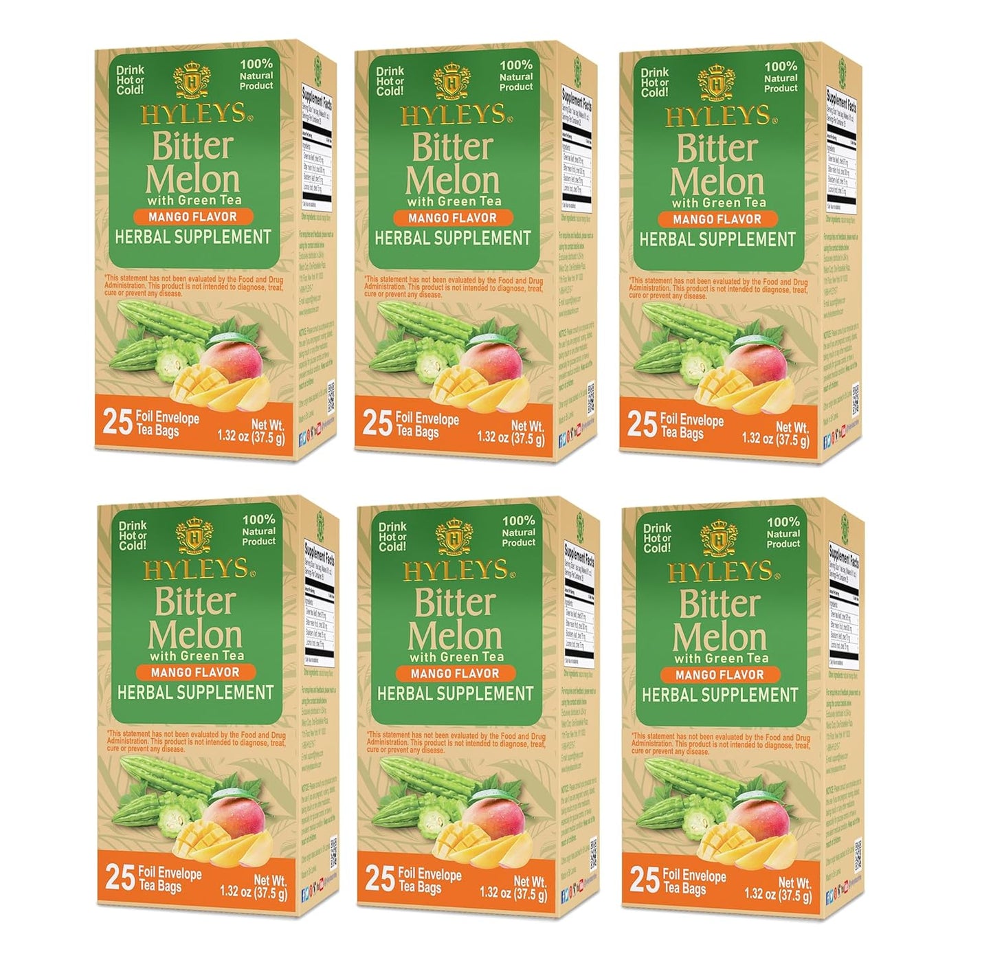 6 Packs of Hyleys Mango Bitter Melon Green Tea - 150 Tea Bags - Herbal Supplement for Liver Health