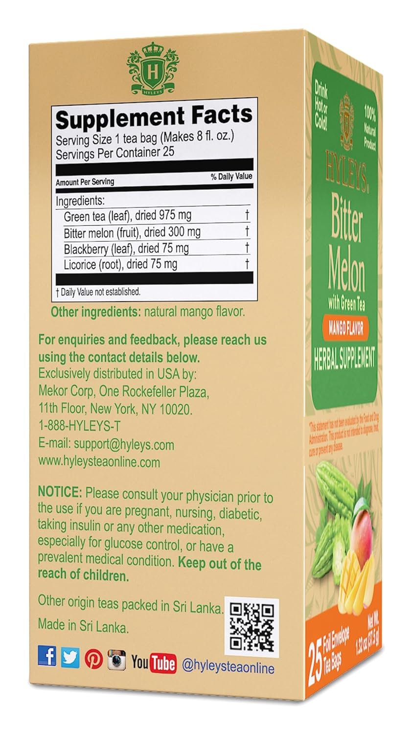 6 Packs of Hyleys Mango Bitter Melon Green Tea - 150 Tea Bags - Herbal Supplement for Liver Health