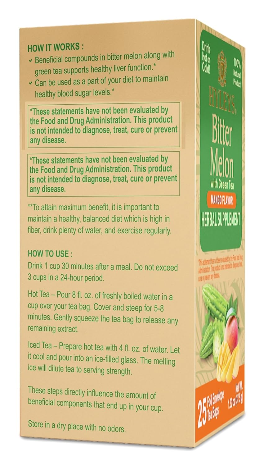 6 Packs of Hyleys Mango Bitter Melon Green Tea - 150 Tea Bags - Herbal Supplement for Liver Health