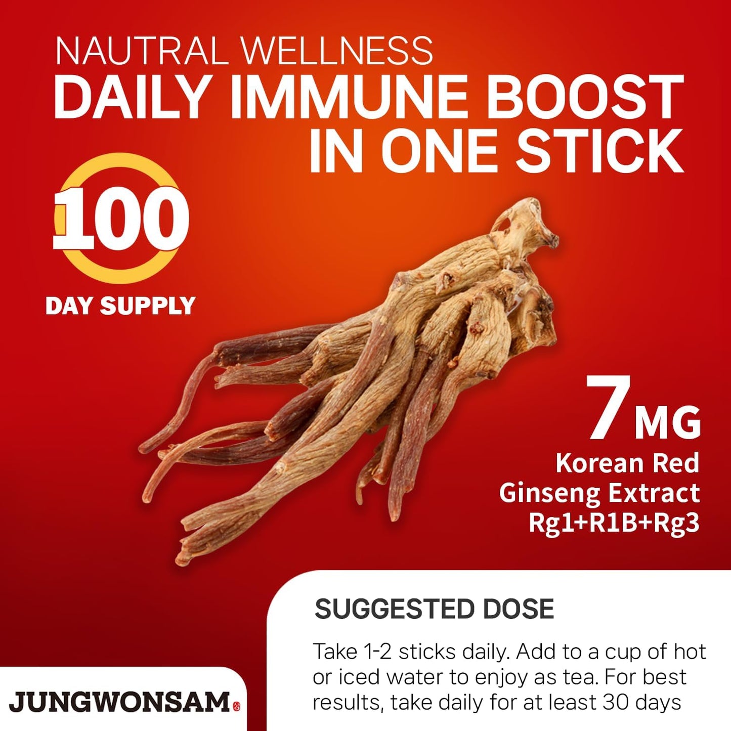 6-Year Korean Red Ginseng Extract 365 Sticks | Vegan | 7mg Ginsenosides | Energy Focus Immune Support | 100-Day Supply