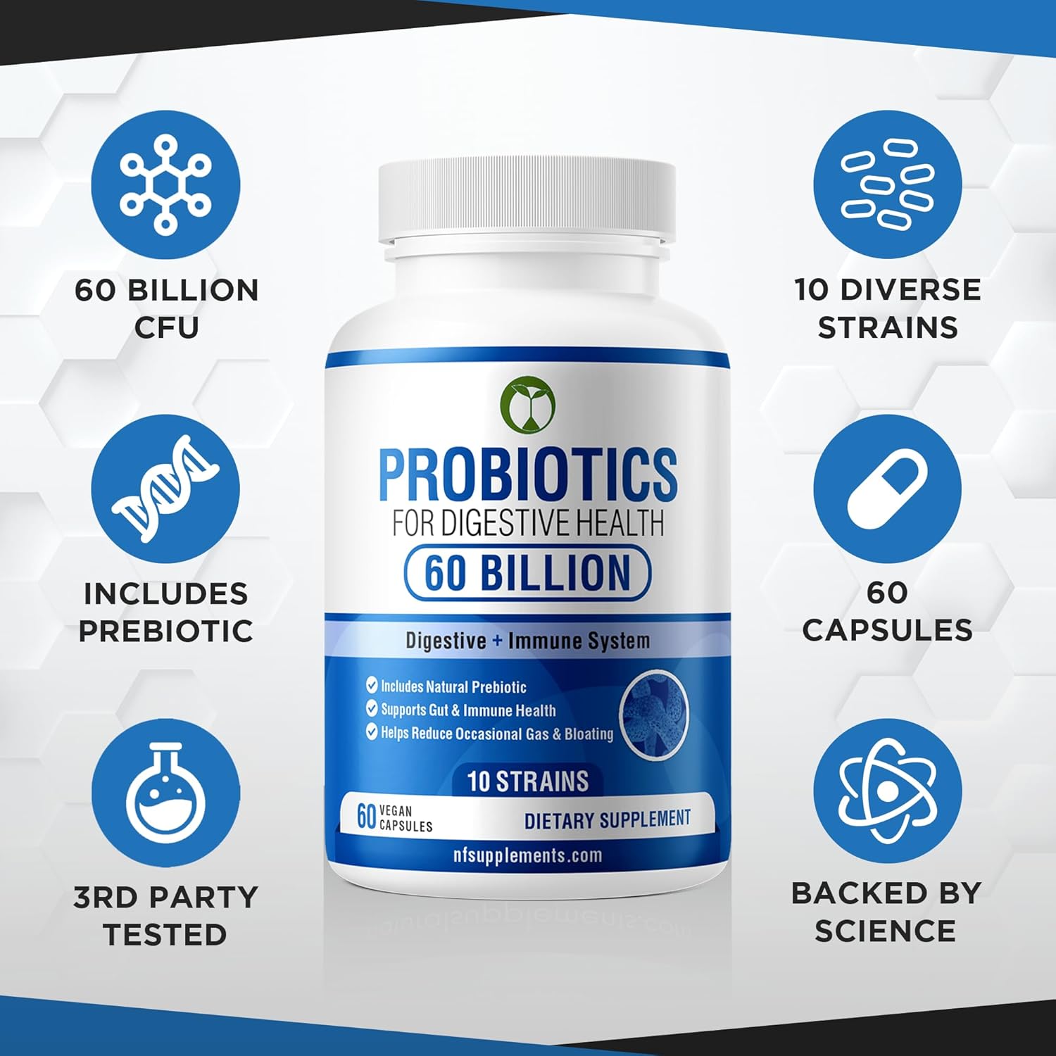 60 Billion CFU Natural Probiotic Blend with Prebiotics for Digestive Health - 60 Capsules for Men & Women