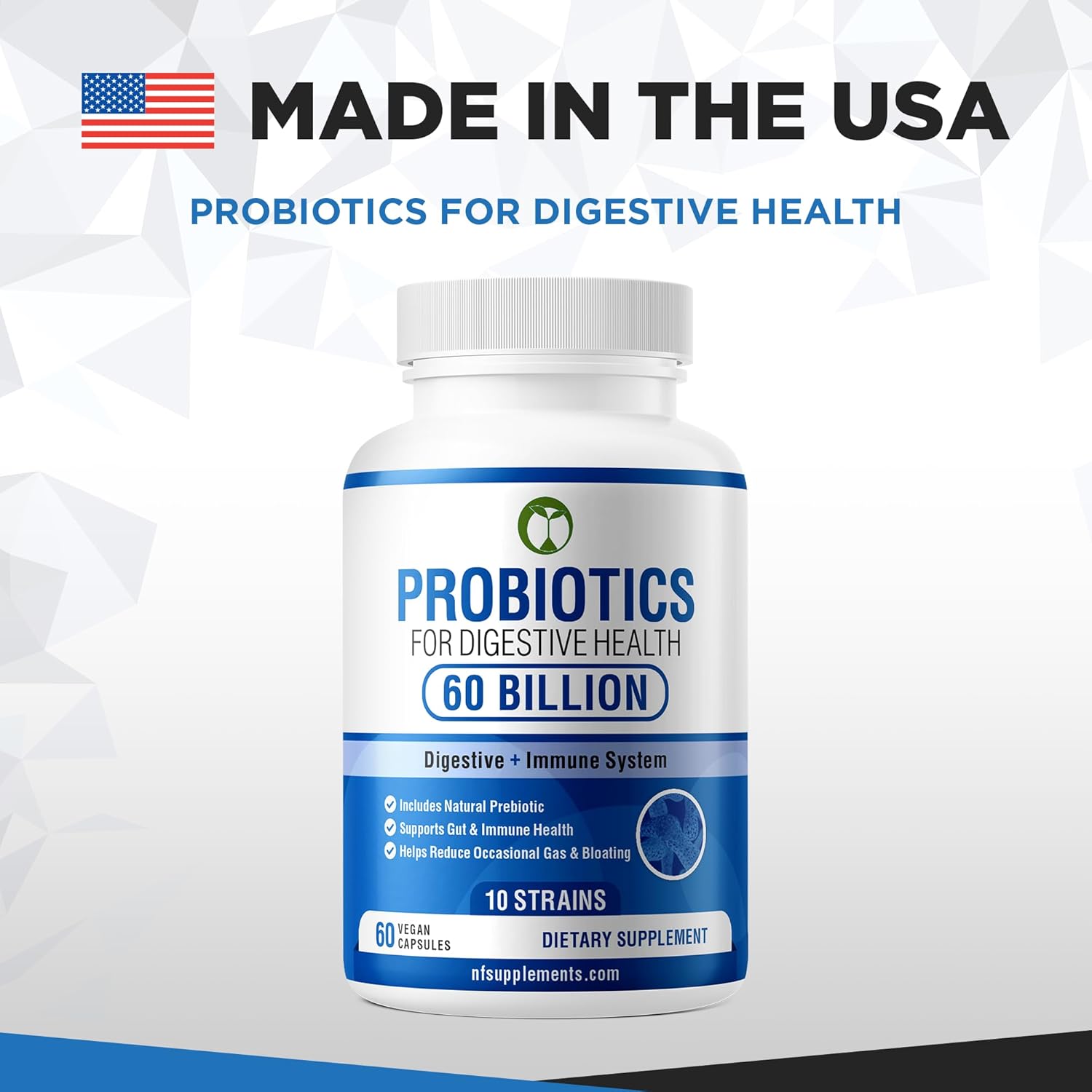 60 Billion CFU Natural Probiotic Blend with Prebiotics for Digestive Health - 60 Capsules for Men & Women