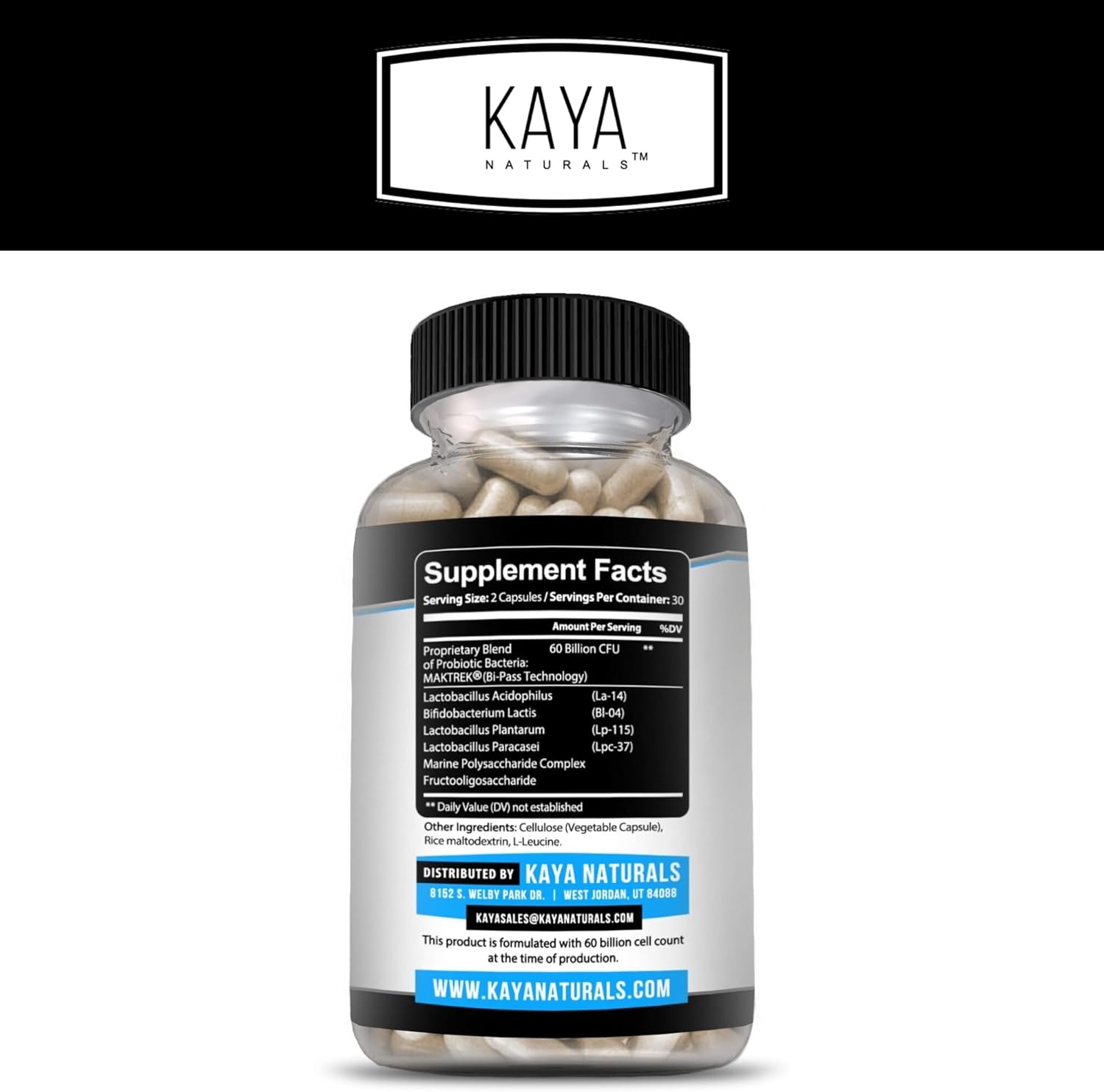 60 Billion CFU Probiotic by Kaya Naturals | Probiotics for Women, Men, and Adults | Supports Gut Health, Immune System | Digestive Health Supplement - 60 Capsules