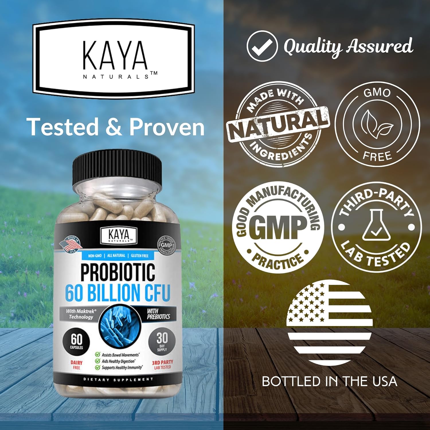 60 Billion CFU Probiotic by Kaya Naturals | Probiotics for Women, Men, and Adults | Supports Gut Health, Immune System | Digestive Health Supplement - 60 Capsules