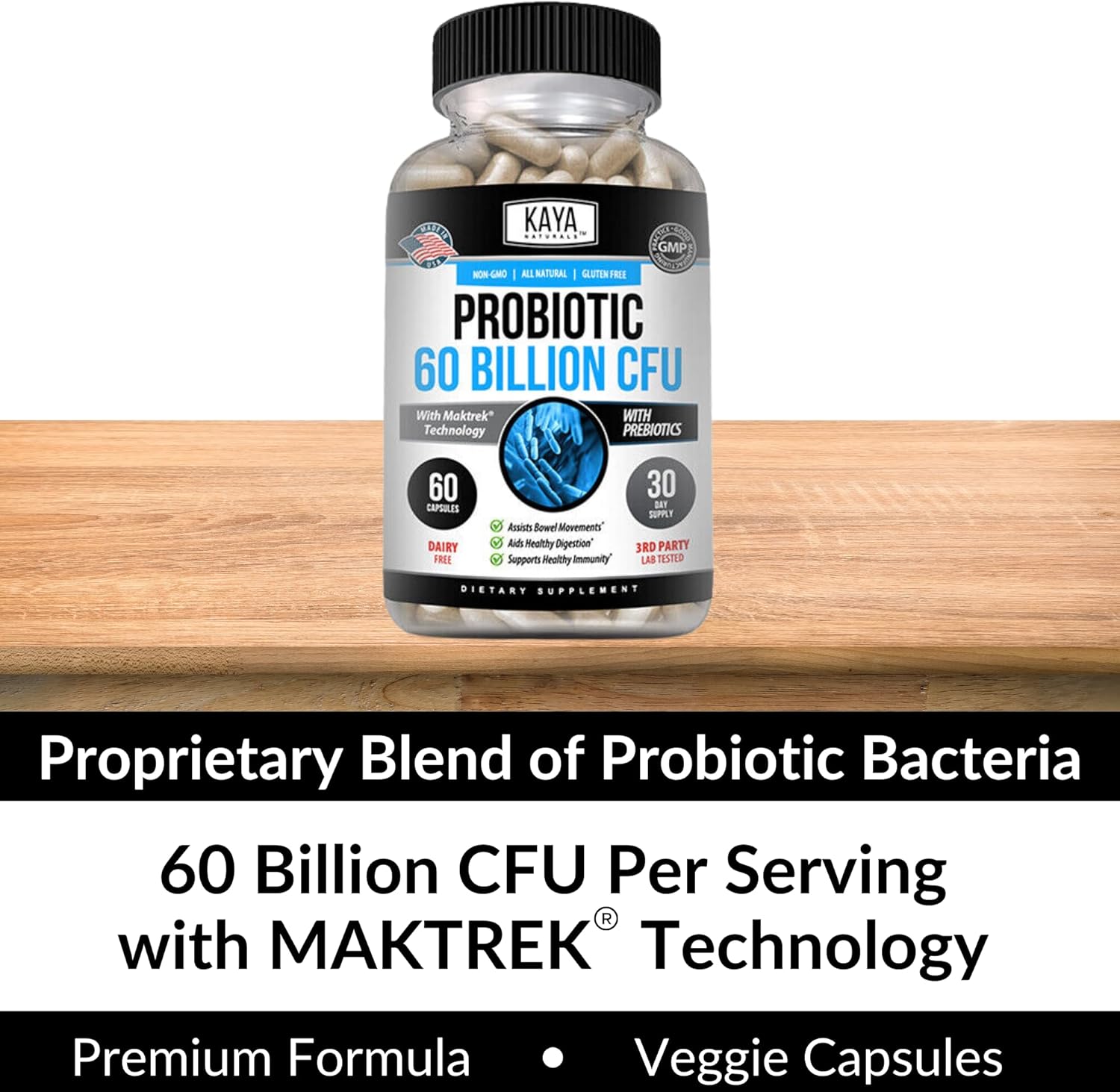 60 Billion CFU Probiotic by Kaya Naturals | Probiotics for Women, Men, and Adults | Supports Gut Health, Immune System | Digestive Health Supplement - 60 Capsules
