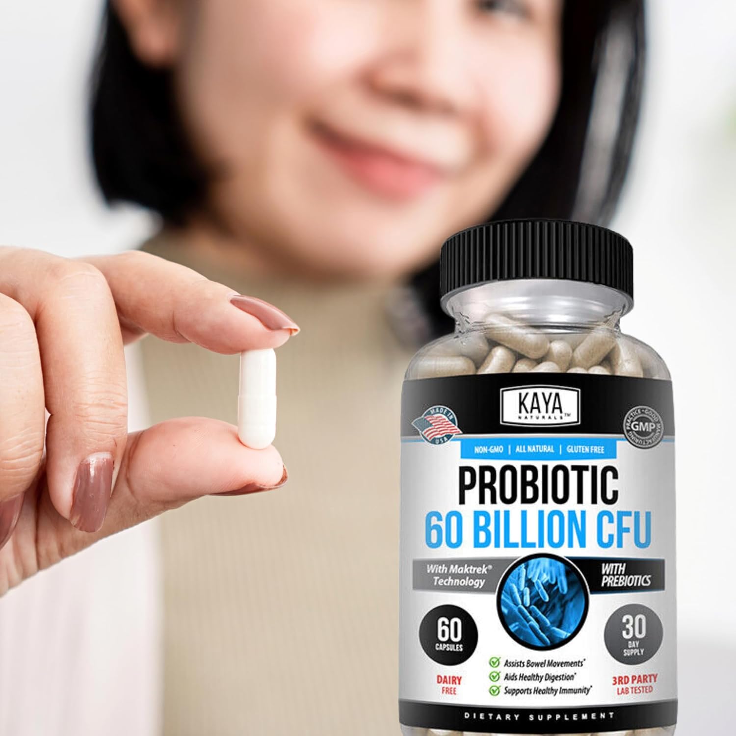 60 Billion CFU Probiotic by Kaya Naturals | Probiotics for Women, Men, and Adults | Supports Gut Health, Immune System | Digestive Health Supplement - 60 Capsules
