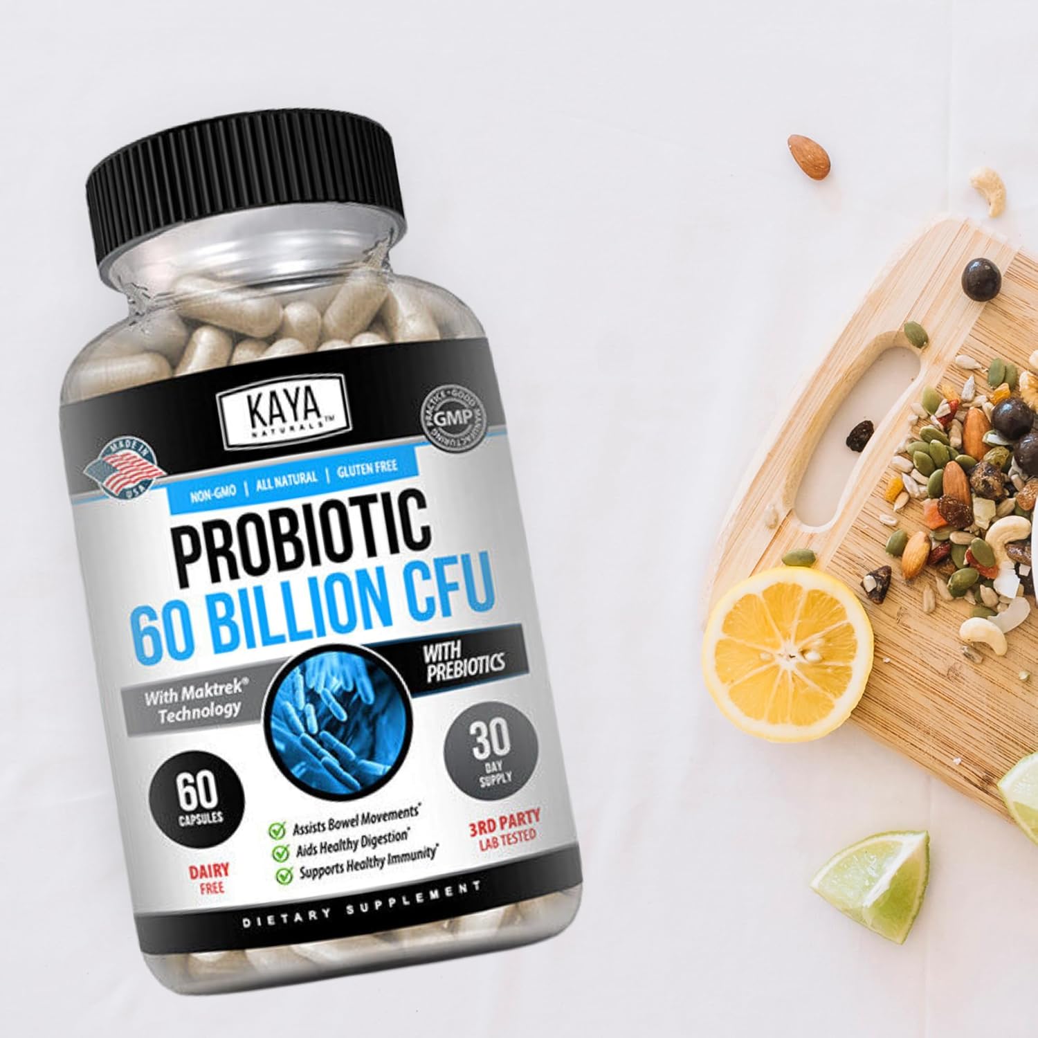 60 Billion CFU Probiotic by Kaya Naturals | Probiotics for Women, Men, and Adults | Supports Gut Health, Immune System | Digestive Health Supplement - 60 Capsules