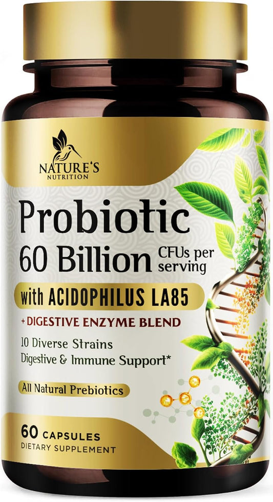 60 Billion CFU Probiotic with Prebiotics for Digestive & Gut Health - Immune Support, Occasional Constipation Relief - 10 Strains - Shelf Stable - 60 Capsules