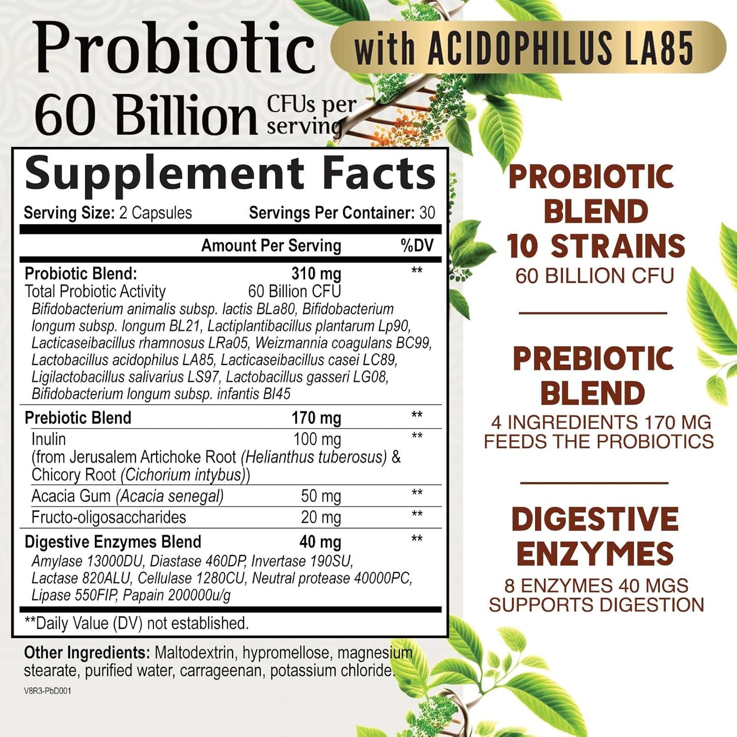 60 Billion CFU Probiotic with Prebiotics for Digestive & Gut Health - Immune Support, Occasional Constipation Relief - 10 Strains - Shelf Stable - 60 Capsules