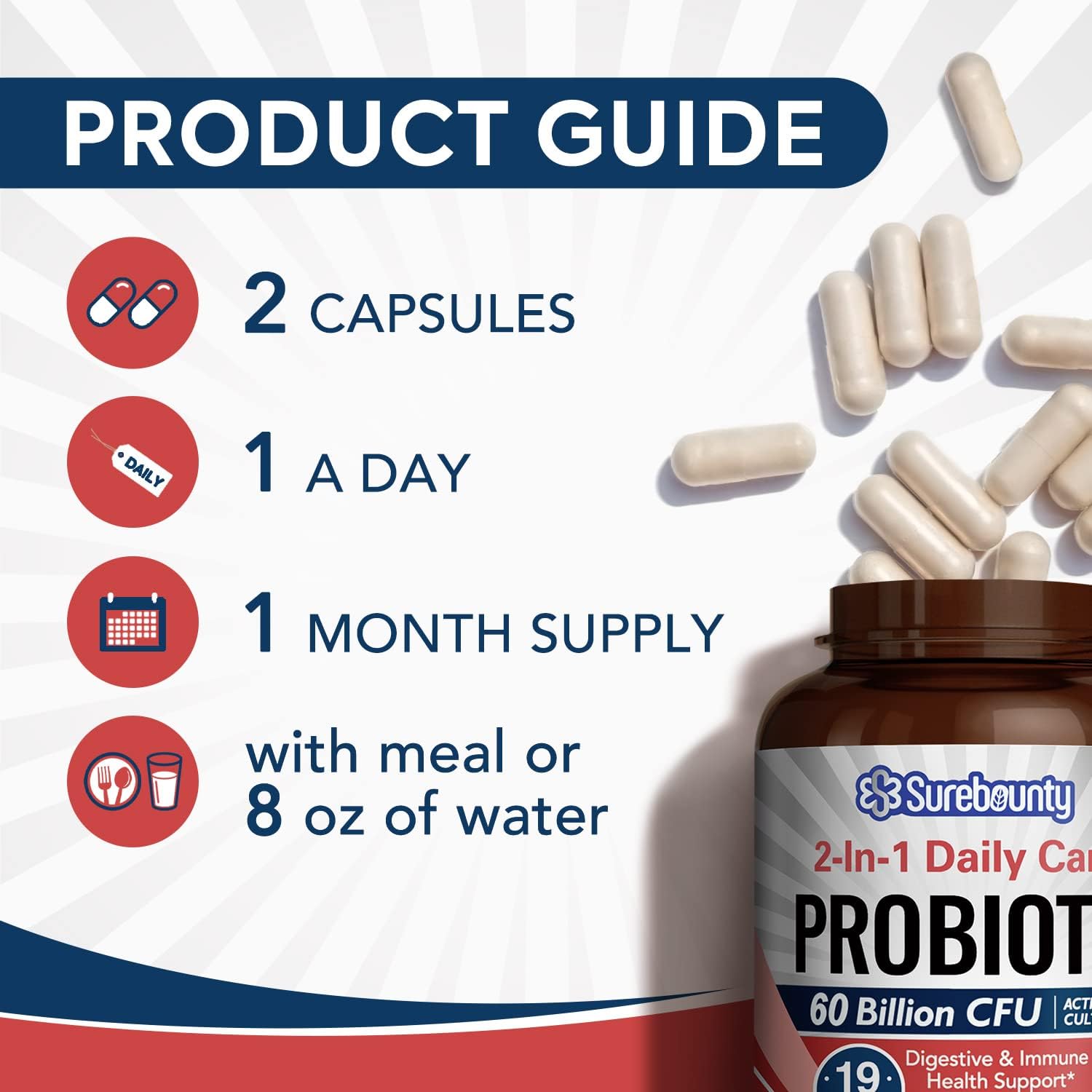 60 Billion CFU Probiotics with 19 Strains, 100mg Prebiotic, Shelf Stable for Men & Women - Daily Digestive & Immune Health Support - 60 Veggie Capsules