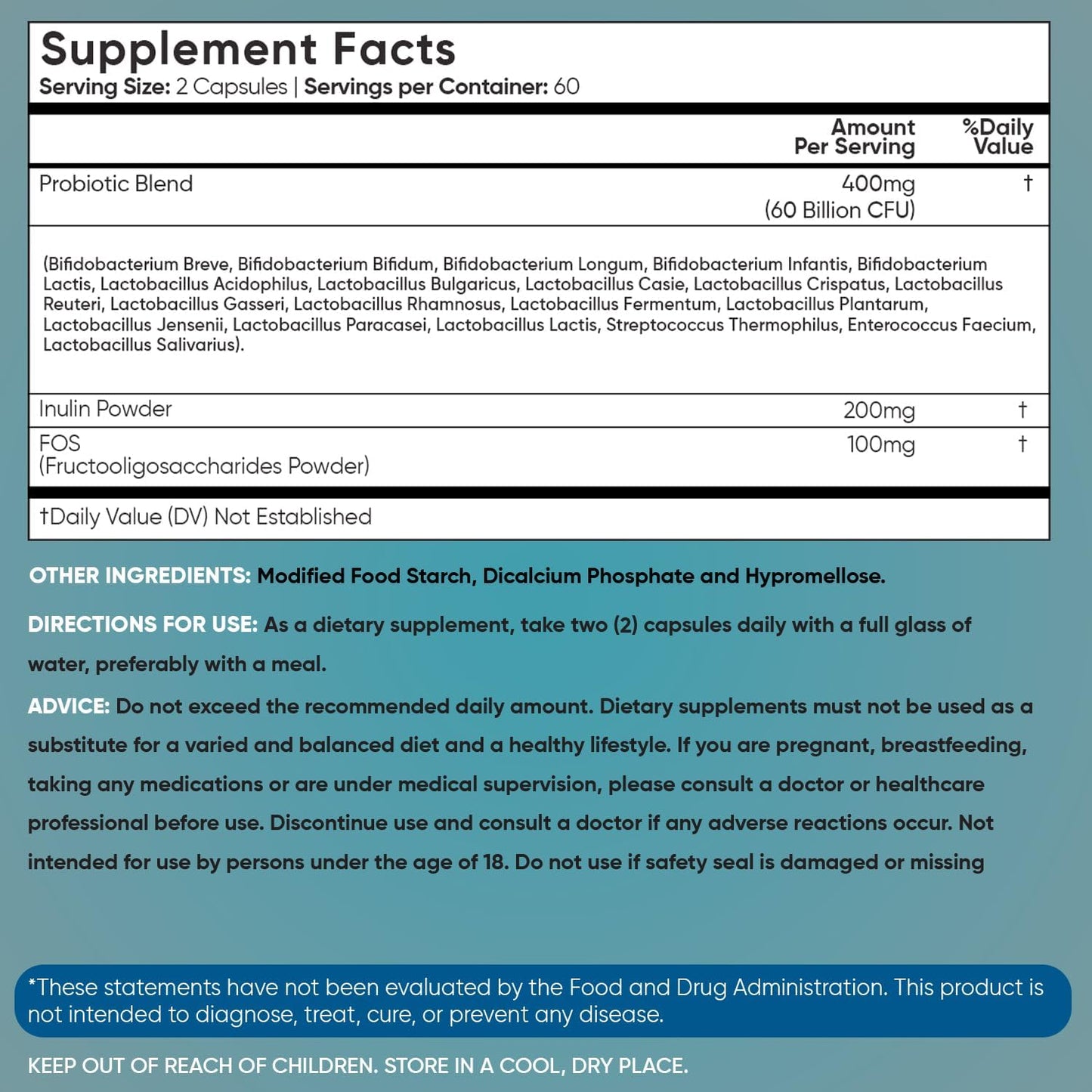 60 Billion CFU Vegan Probiotic Complex Capsules - 2 Months Supply - Bio Cultures Complex with Prebiotics