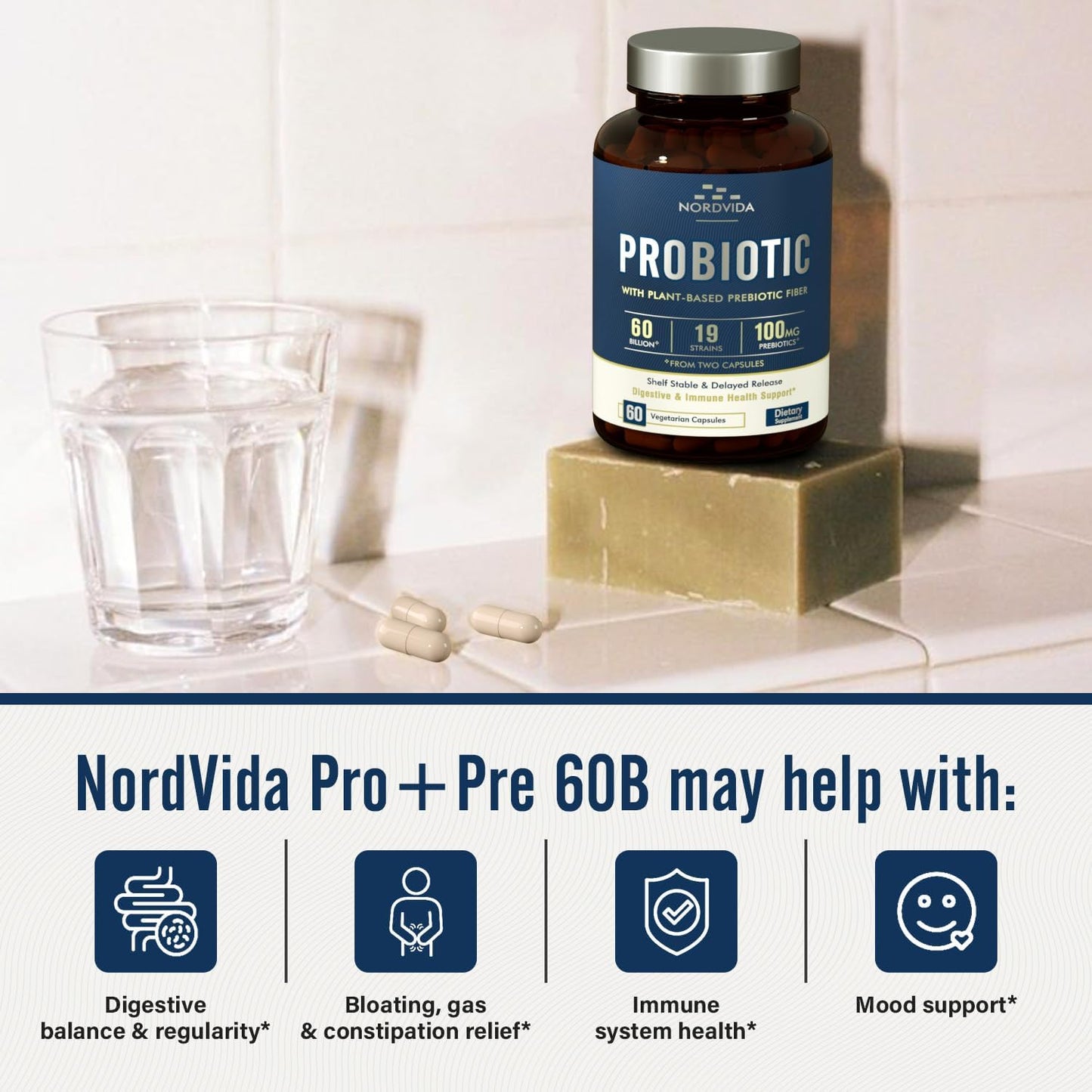 60 Billion Probiotic with 19 Strains & Organic Prebiotic for Digestive & Immune Health - Vegan Capsules, Non-GMO & Dairy-Free