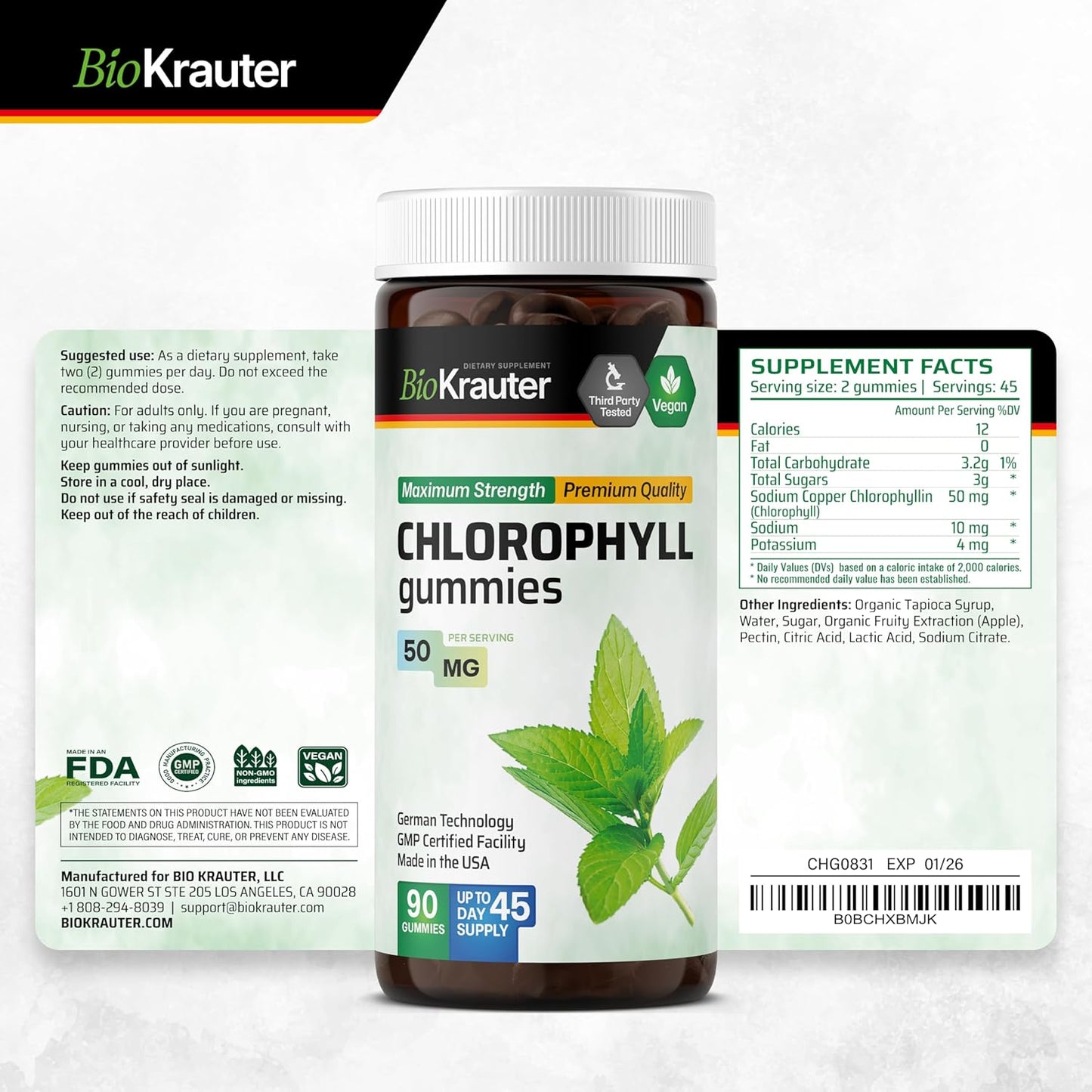 60 BIO KRAUTER Lung Support Gummies + 90 Chlorophyll Gummies for Respiratory Health
