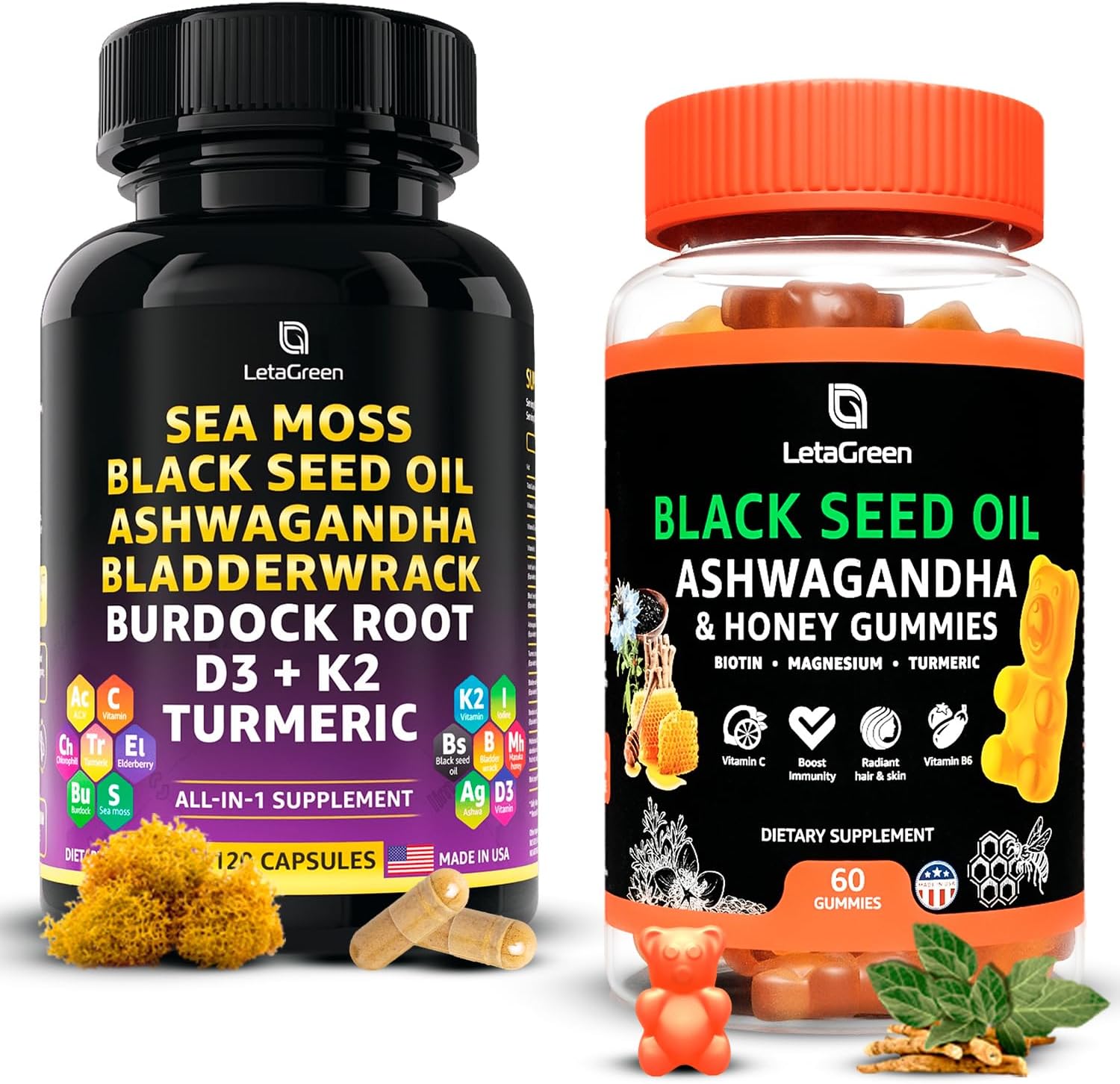 60 Black Seed Gummies + 120 Sea Moss Capsules Immune Support Bundle with Vitamins and Minerals